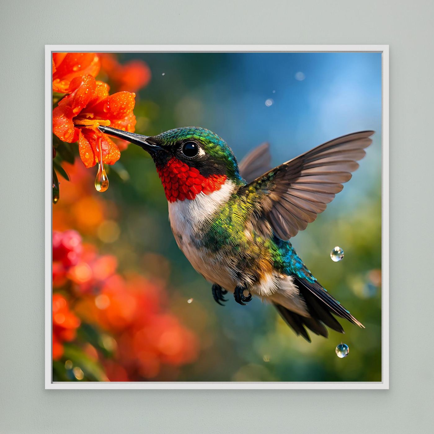 Leinwand Kolibri im Blütenrausch | Farbenfrohes Vogel Natur Wandbild