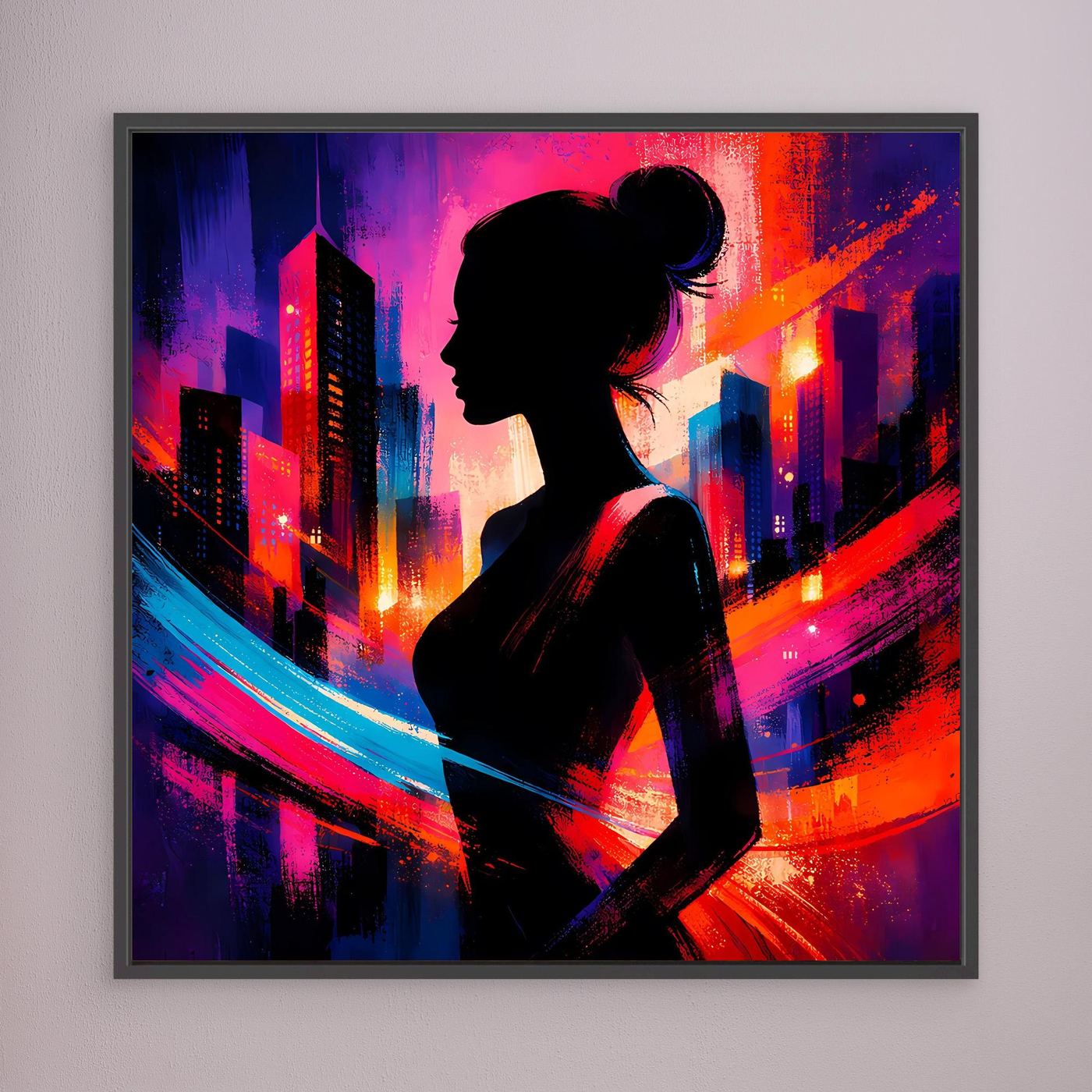 Leinwandbild mit Silhouette einer Frau und Neon-Stadt-Skyline, schwarz gerahmt