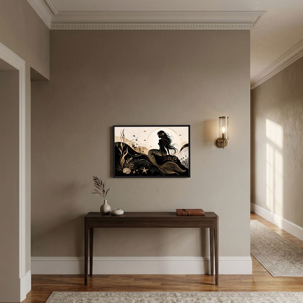 Gerahmter Posterprint: Meerjungfrau-Silhouette in Schwarz und Gold, querformatig