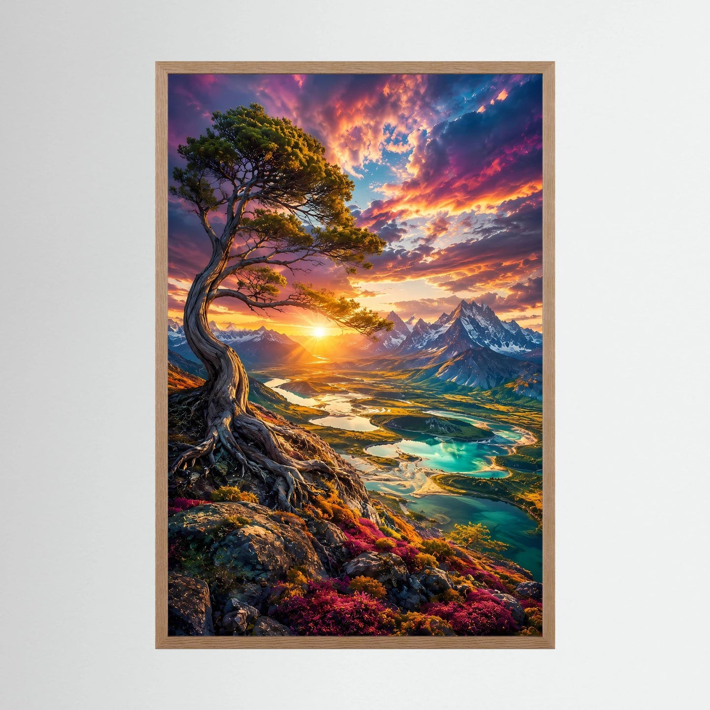Majestätischer Baum über Bergtal | Leuchtender Sonnenuntergang & türkisfarbene Seen | Poster Hochformat