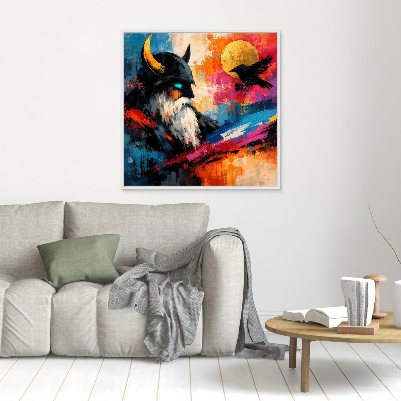 Leinwand-Wandbild mit abstraktem Motiv von Odin und Rabe, mehrfarbig