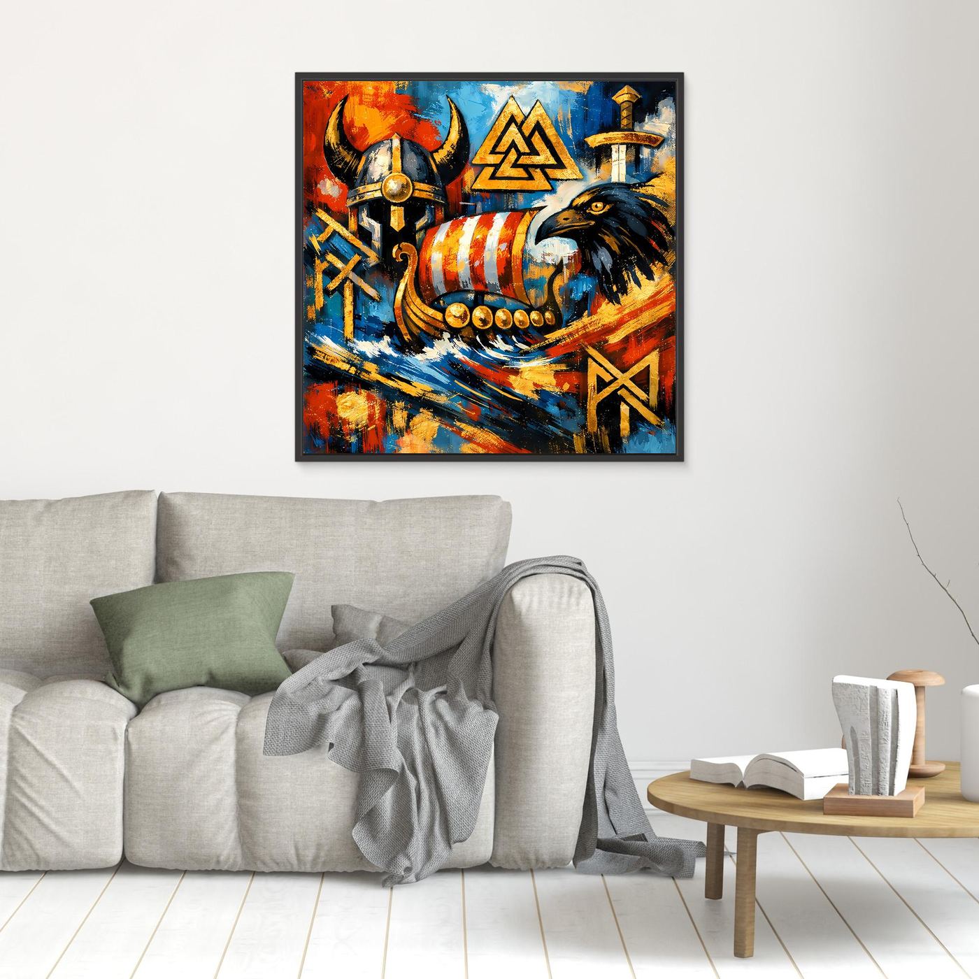 Leinwandbild mit Wikingerhelm und Rabenmotiv, kleinformat, schwarz gerahmt