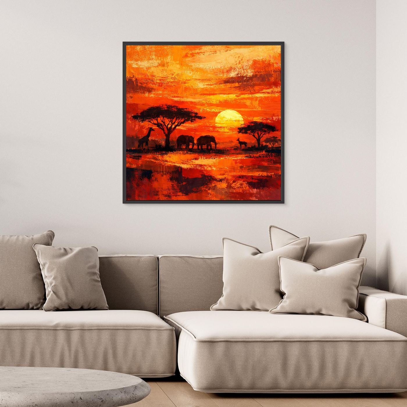 Leinwand Afrikanische Savanne bei Sonnenuntergang | Modernes Elefanten & Giraffen Wandbild