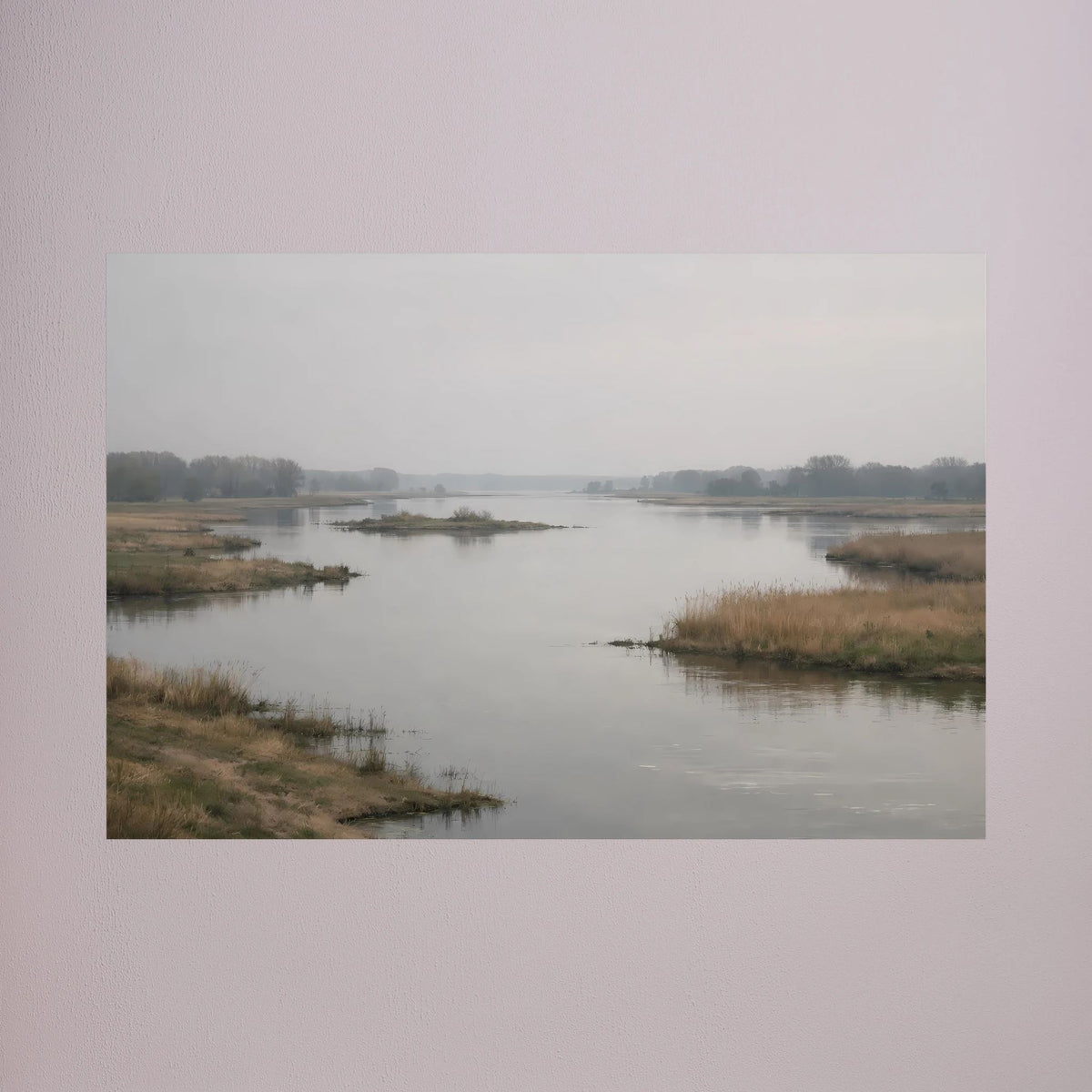 Poster mit Flusslandschaft im Morgennebel, weiße Umrandung, Querformat