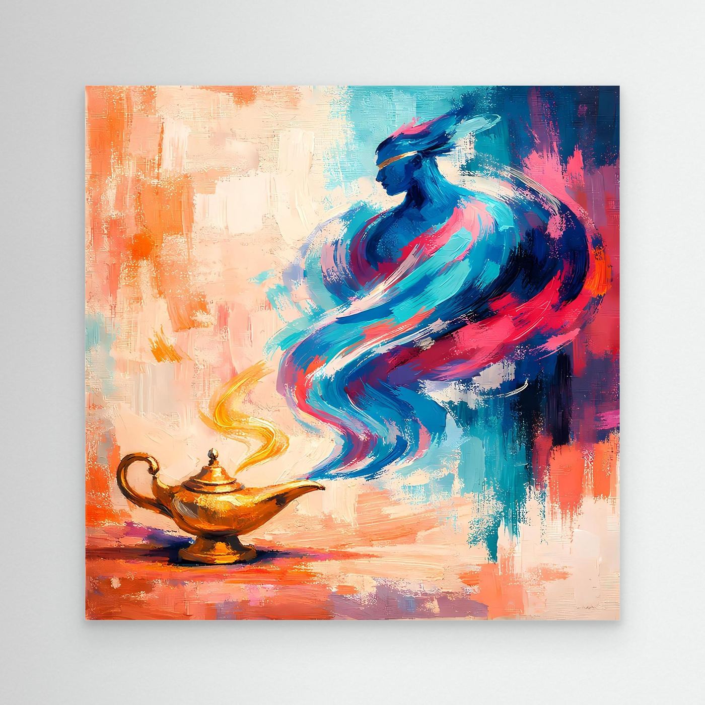 Leinwand-Wandbild: abstrakter blauer Flaschengeist neben goldener Wunderlampe
