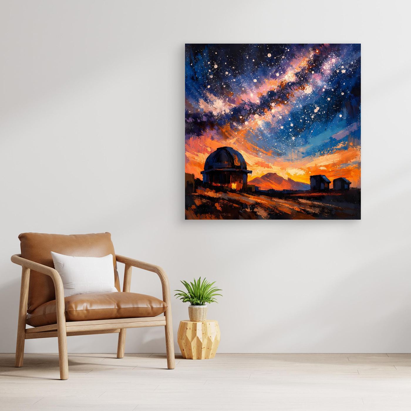 Leinwand-Wandbild mit Milchstraße, Sternwarte und blau-orange abstrakter Galaxie