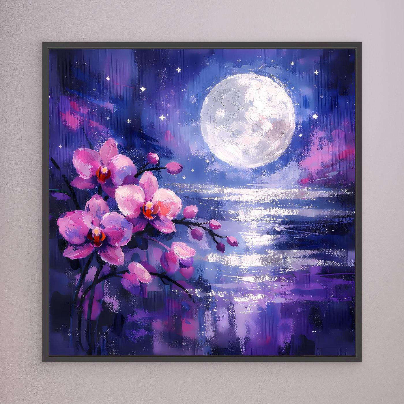 Wandbild im schwarzen Rahmen: pinke Orchideenblüten am Vollmond über Meer