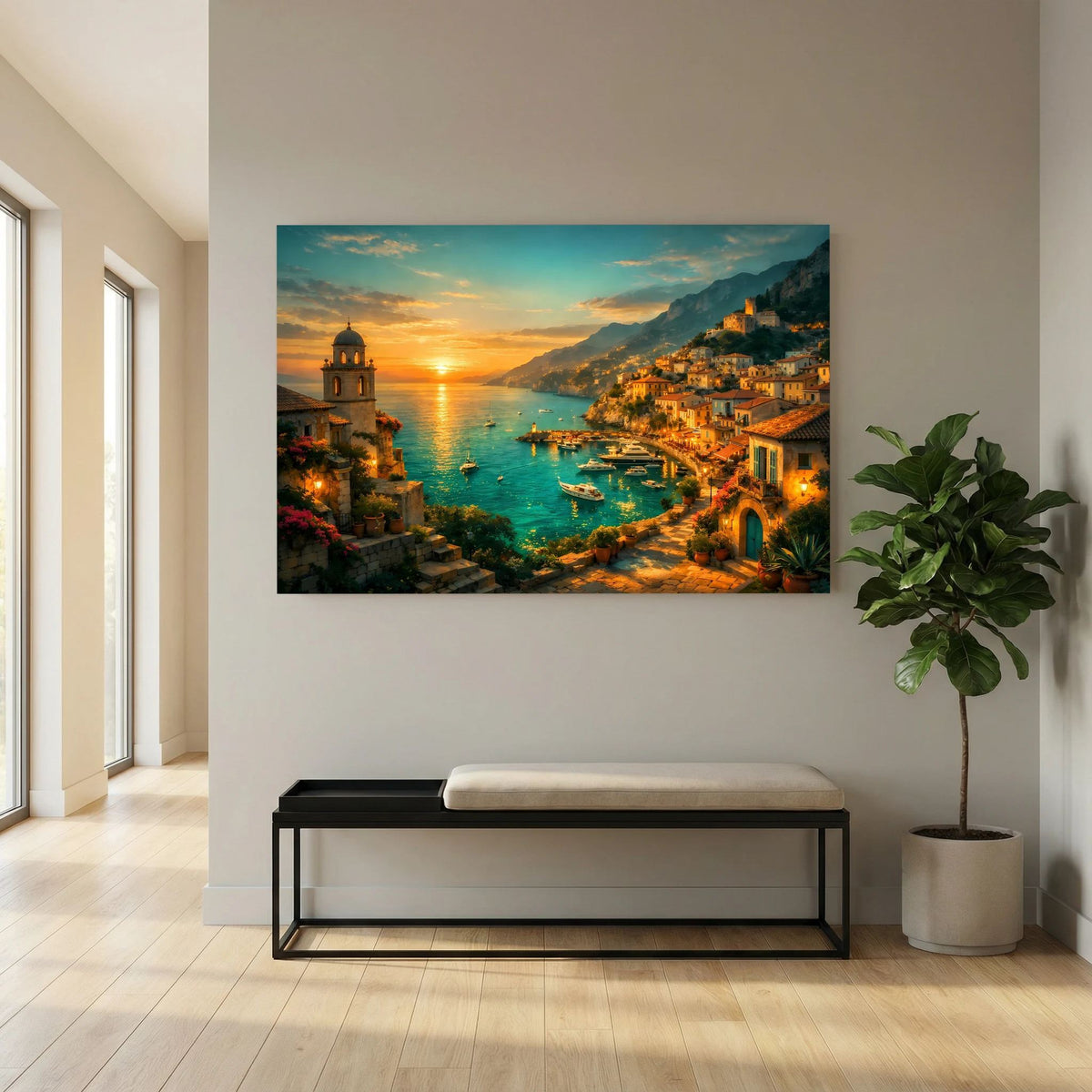 Querformatiges Wandbild mit Sonnenuntergang, türkisfarbenem Wasser und Küstenstadt am Hang