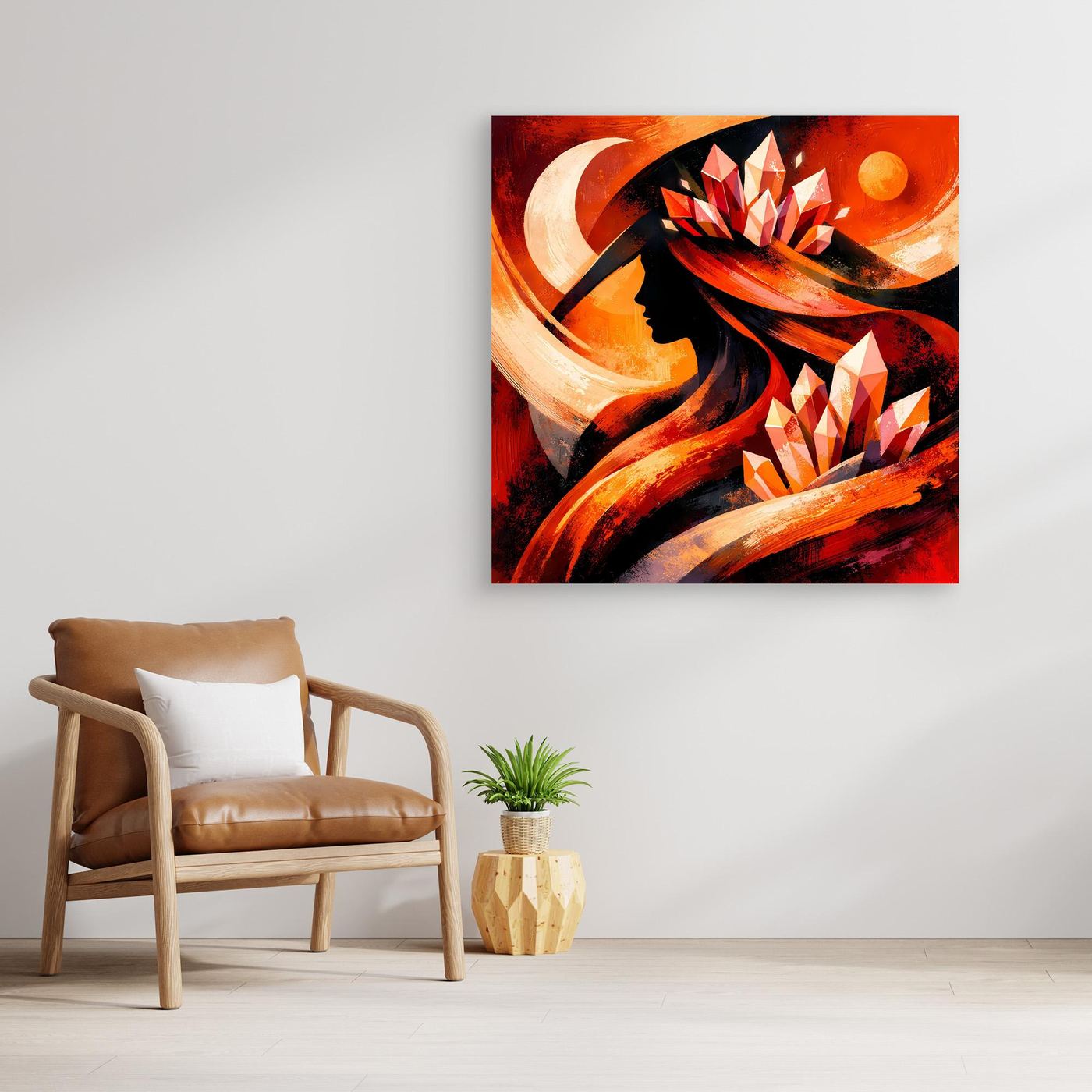 Quadratisches Leinwandbild an der Wand: abstrakte Königin mit Kristallen in warmen Farben