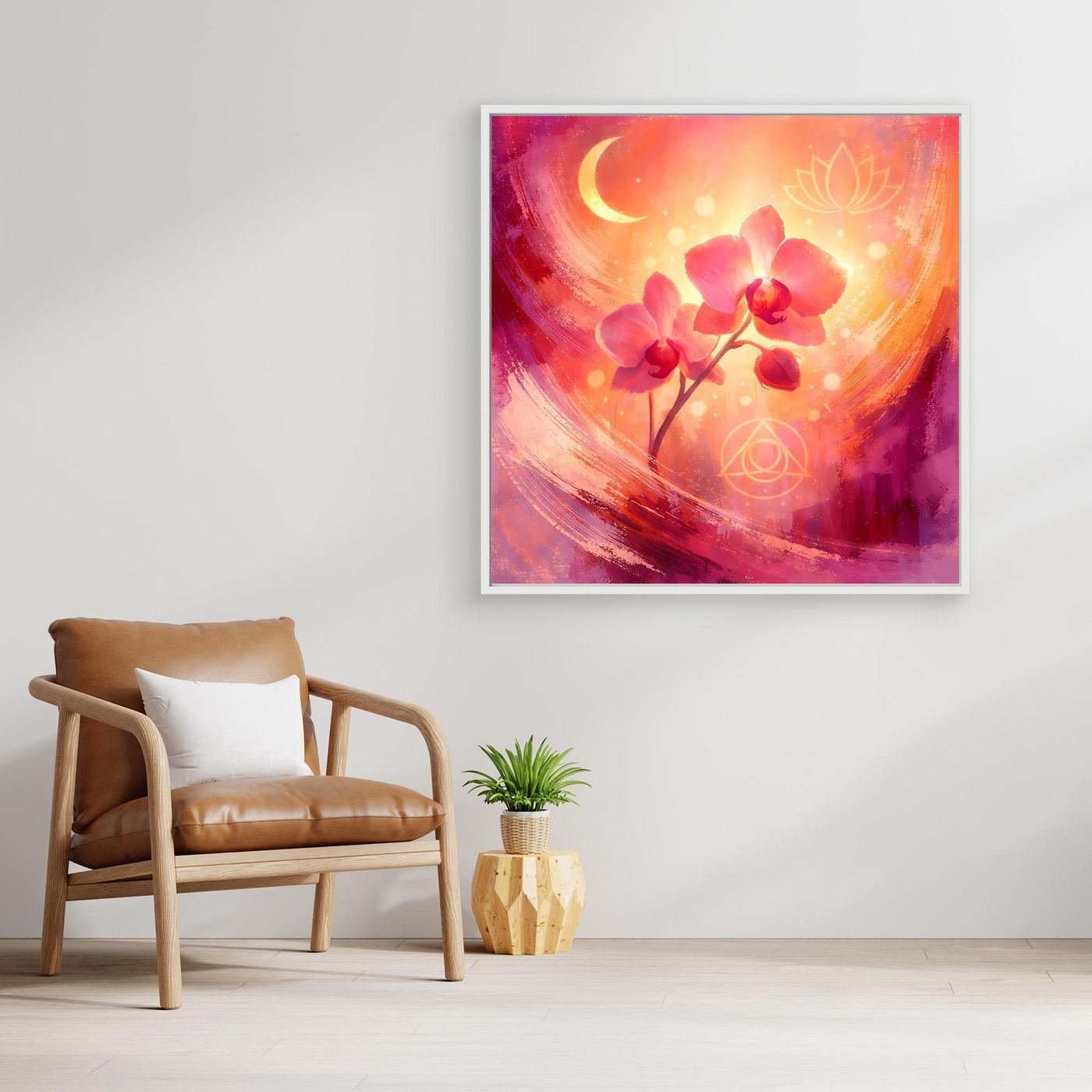 Quadratisches Leinwand-Wandbild mit pinker Orchidee und Mondsichel, dezente Kreislinien