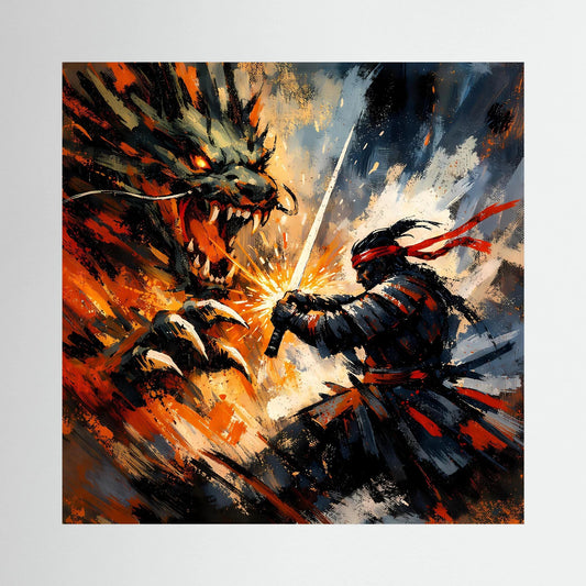 Leinwandbild: Samurai im Kampf gegen Drachen, dynamische Pinselstriche in Orange/Schwarz