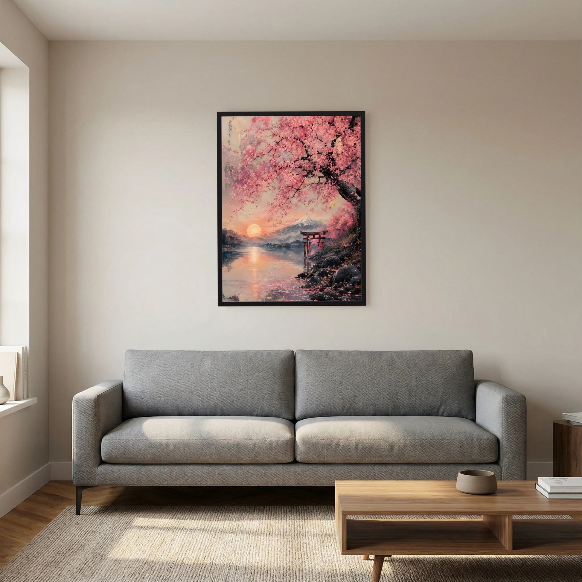 Gerahmtes Poster über Sofa: Kirschblütenbaum, Torii und Fuji am Ufer