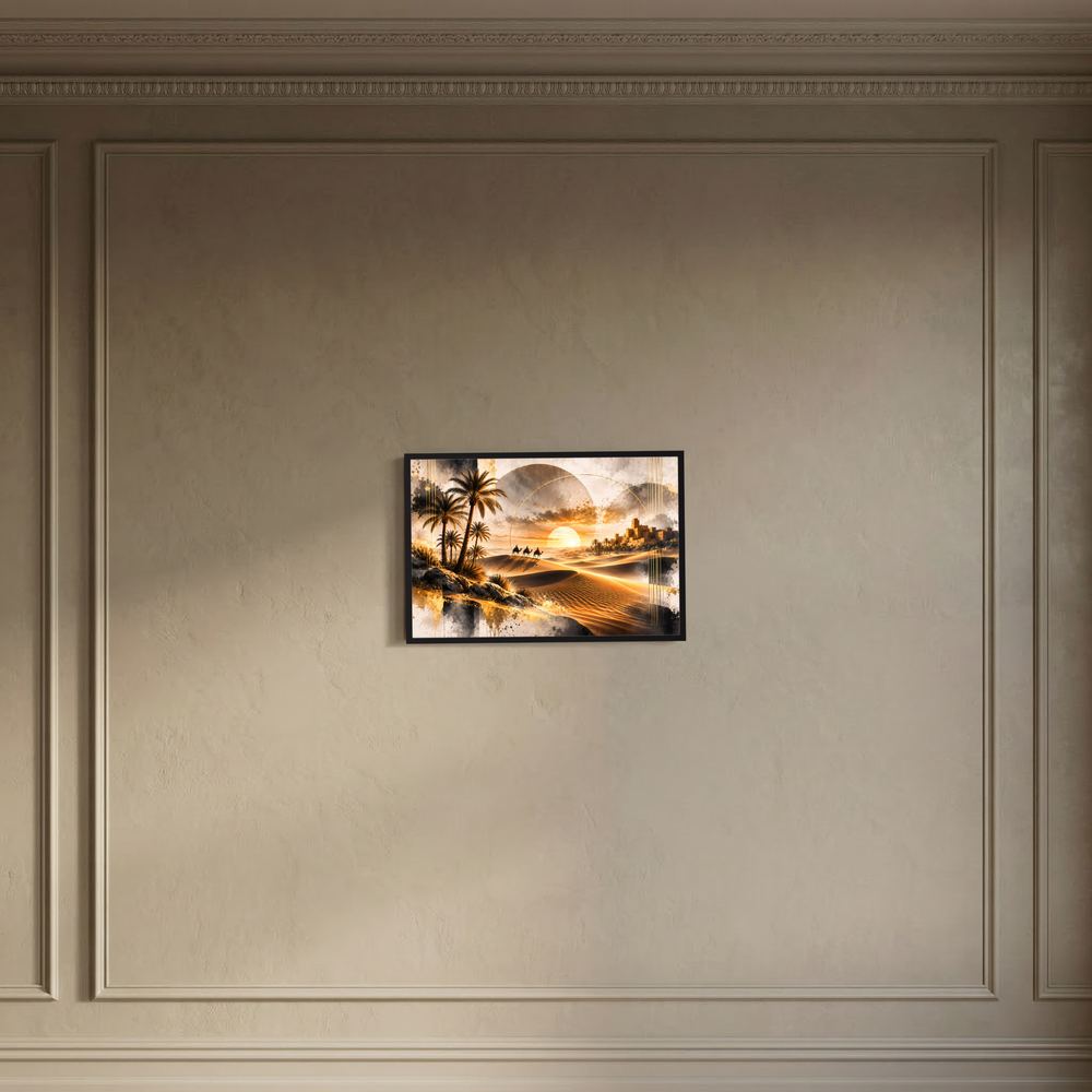 Wandposter im Querformat mit Wüstenlandschaft, Palmen, Karawane und Oase im goldenen Sonnenuntergang
