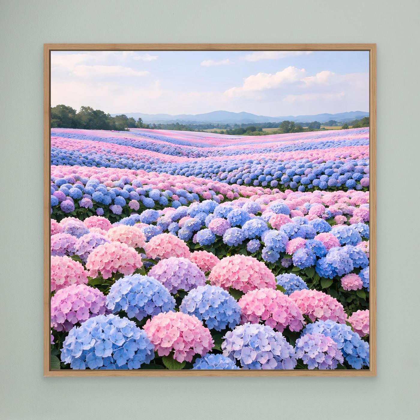 Leinwandbild mit Hortensienfeld in Rosa und Blau, Holzrahmen