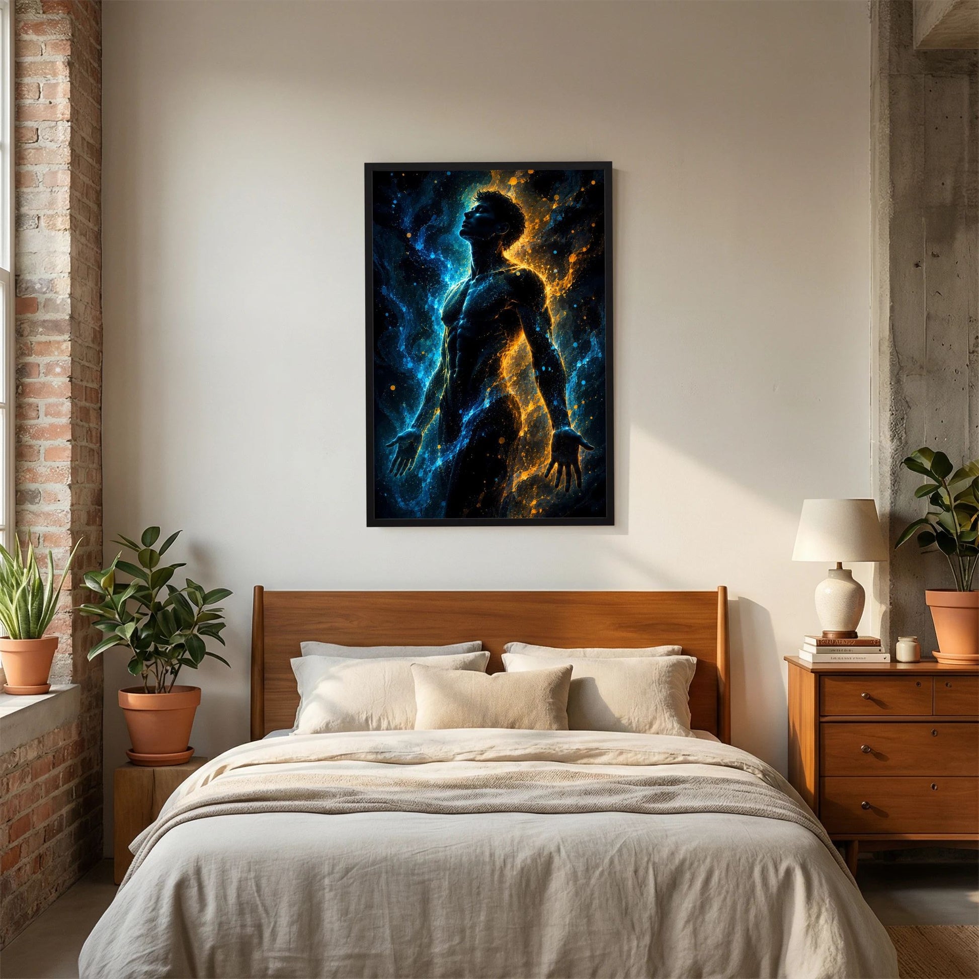 Hochformatiges Poster mit Silhouette eines Mannes in Blau und Gold, schwarzer Rahmen