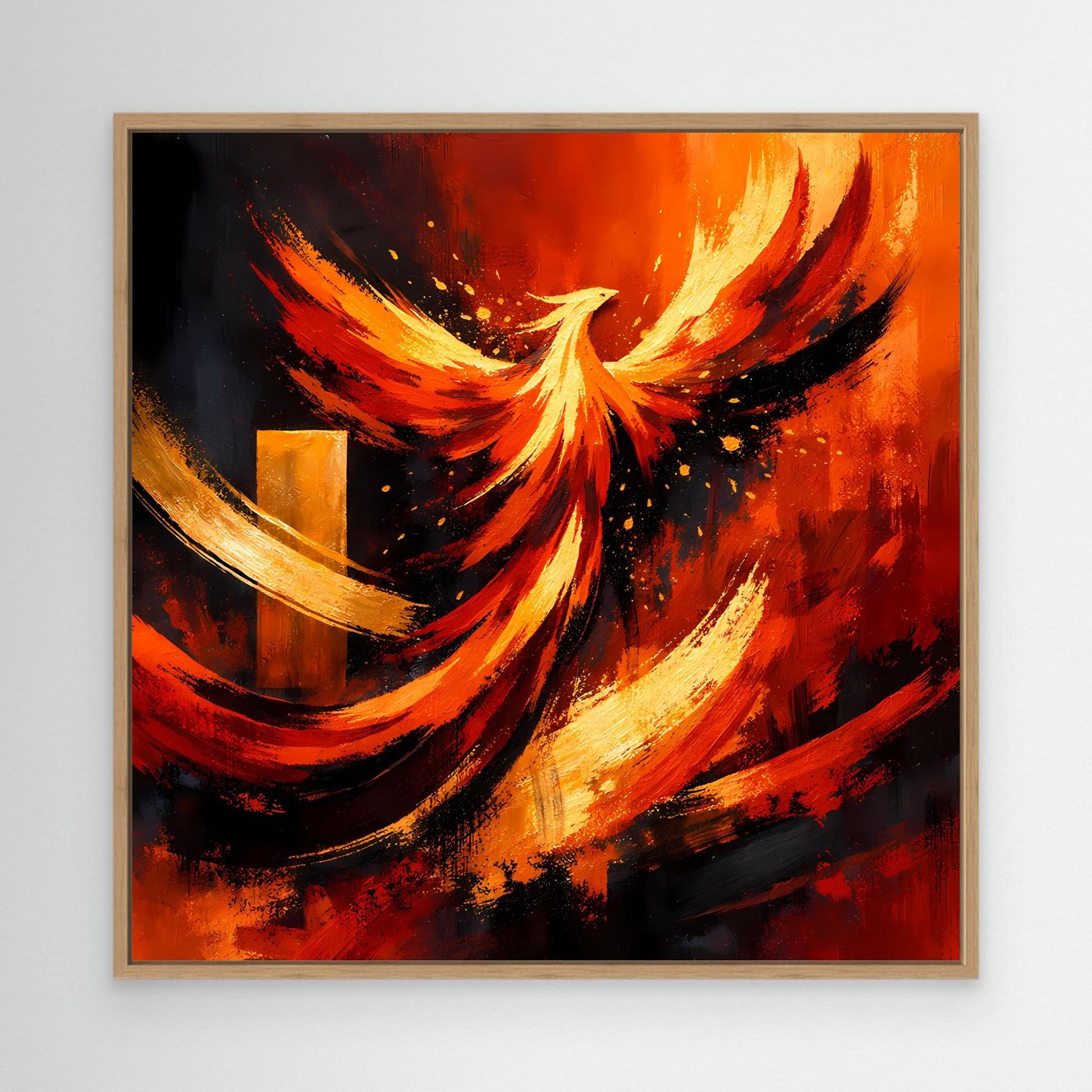 Wandbild mit Phönix-Motiv auf Leinwand, rot-orange-gelb, im hellen Holzrahmen
