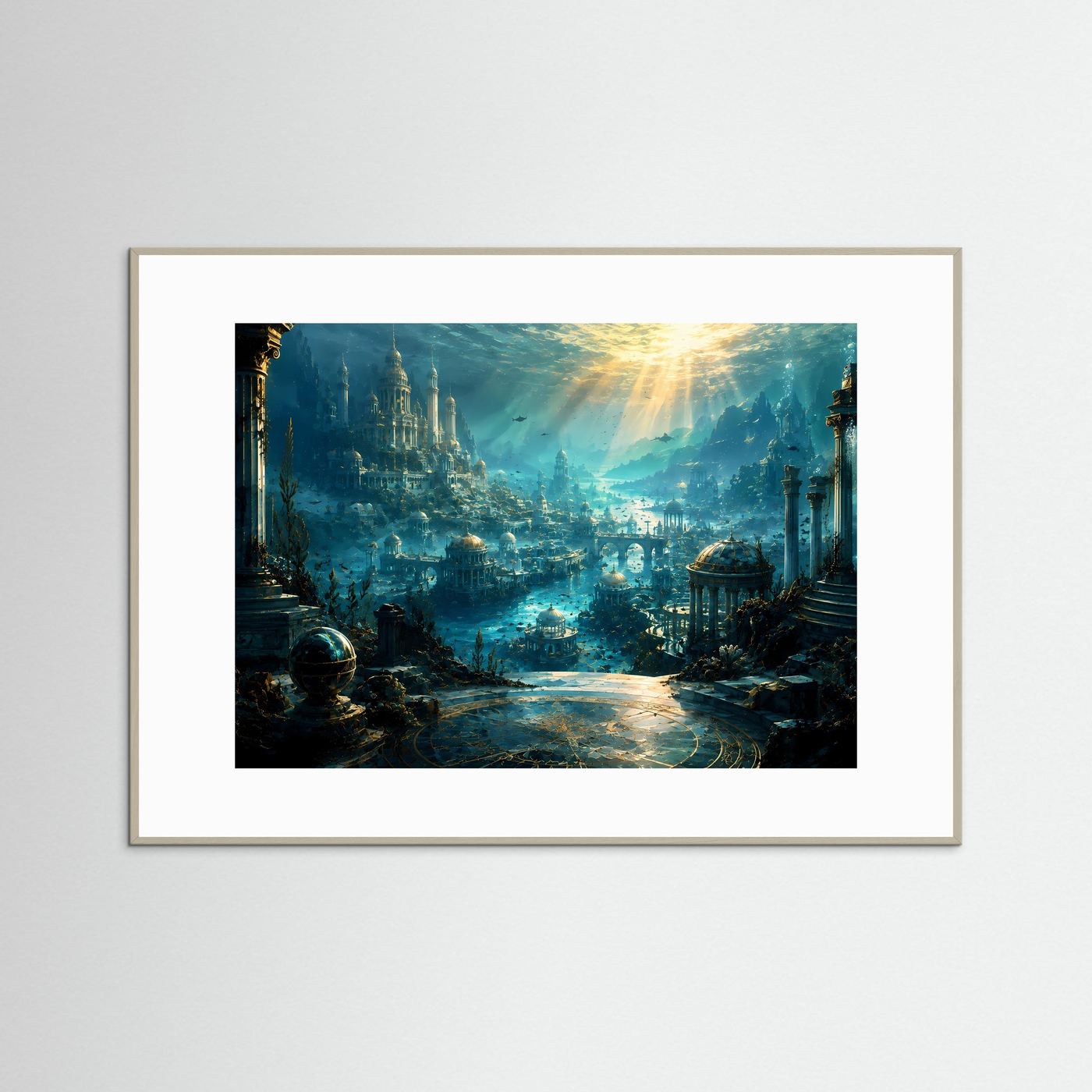 Gerahmtes Atlantis-Meer-Poster, Querformat, beiger Rahmen, weißes Passepartout