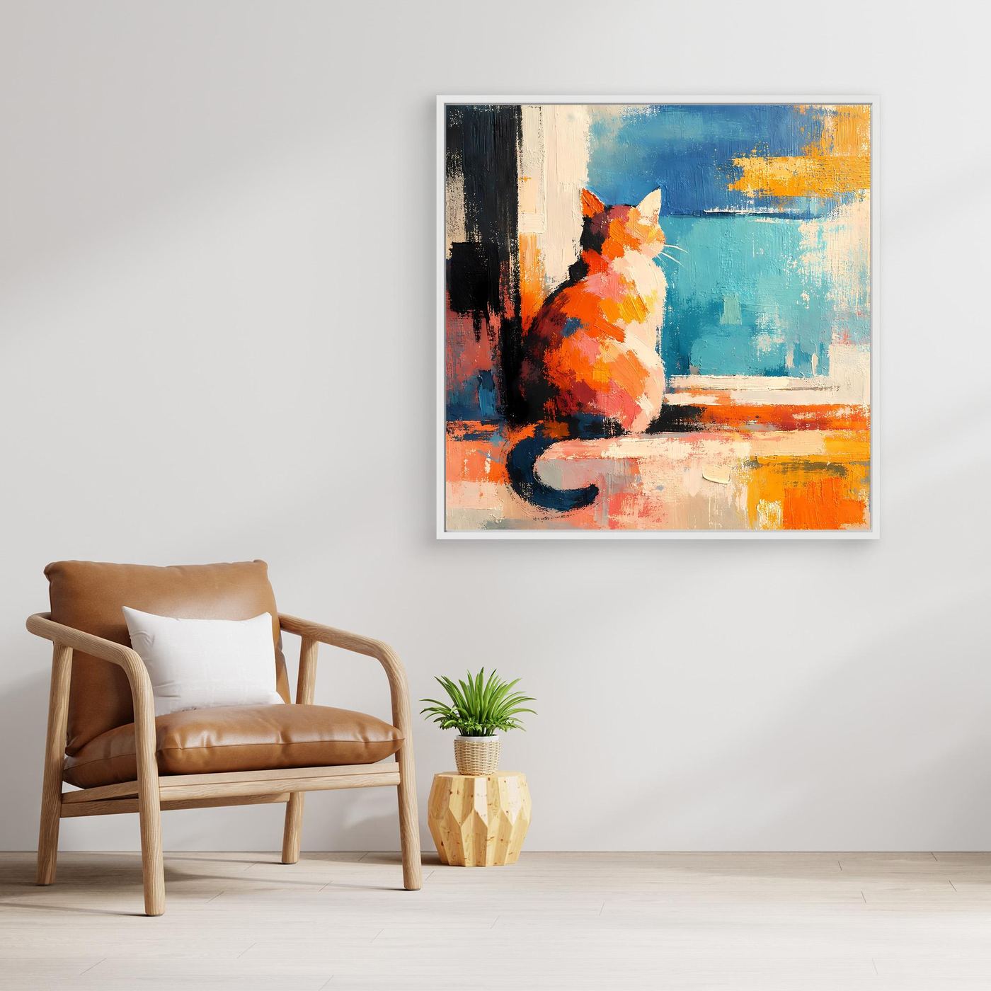 Framed abstract cat wall art canvas, orange and cream cat with blue background accents