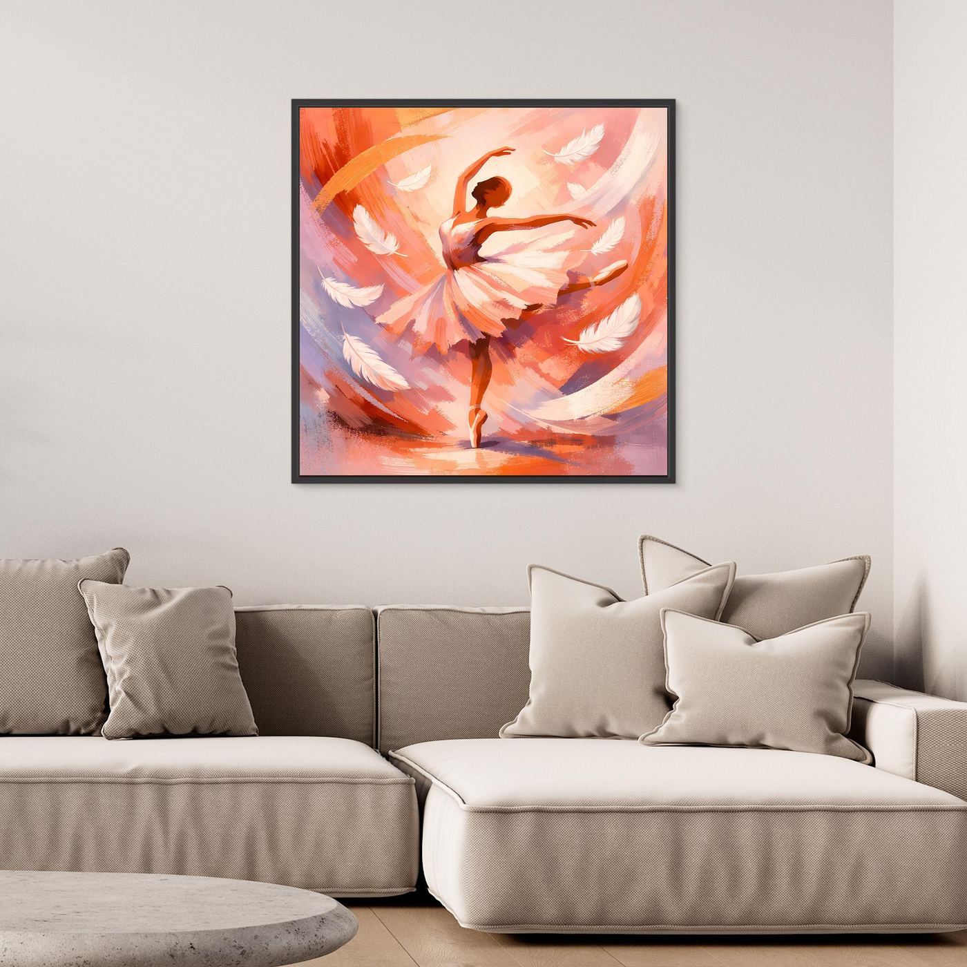 Abstraktes Leinwandbild mit Ballerina in warmen Orange- und Rosatönen, schwarzer Rahmen