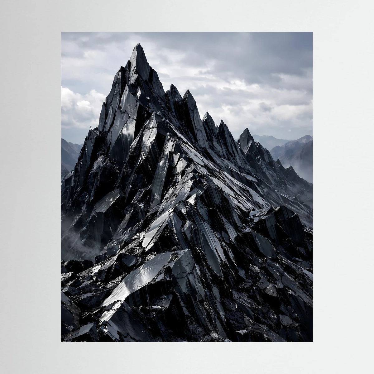 Senrechtformatiges Poster mit dramatischer Berglandschaft in Schwarz und Grau