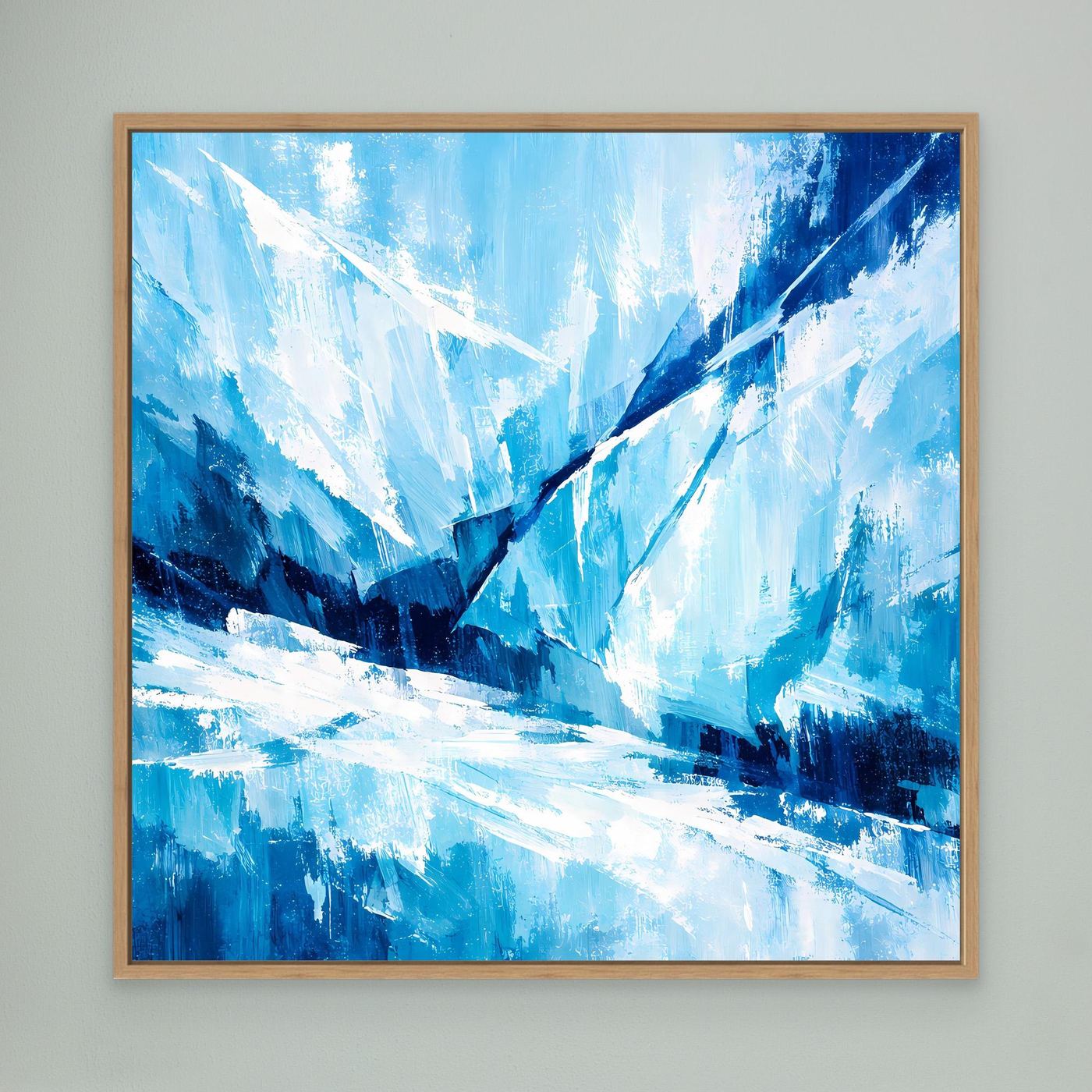 Leinwand-Wandbild mit abstraktem Gletschermotiv in Blau und Weiß, Eichenrahmen