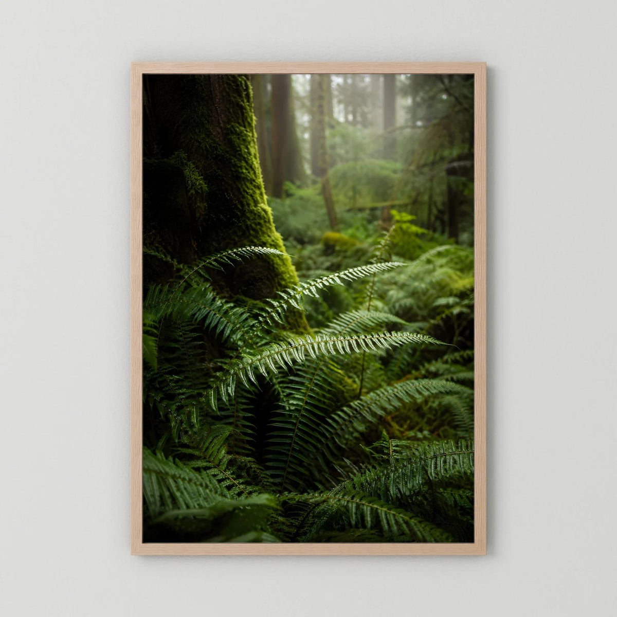 Poster: grüner Farn im Mooswald, hellbrauner Holzrahmen, Hochformat