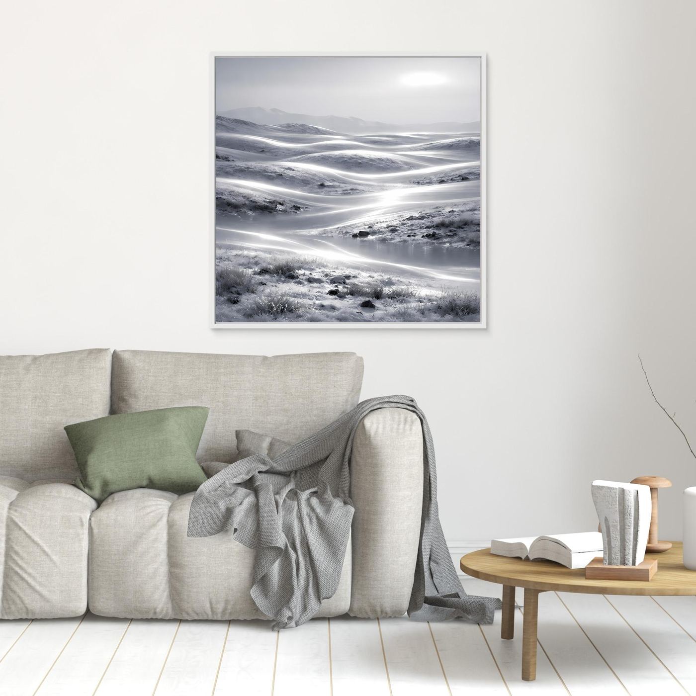 Leinwandbild Winterlandschaft mit weißem Rahmen, kleines Quadrat mit Schneebergen und Lichtlinien