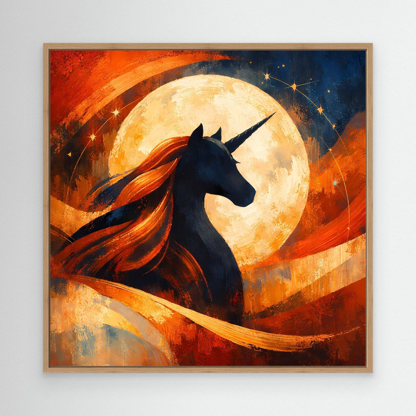 Leinwandbild mit Einhorn-Silhouette im Vollmond, gerahmt in Eiche, warme Farbflächen
