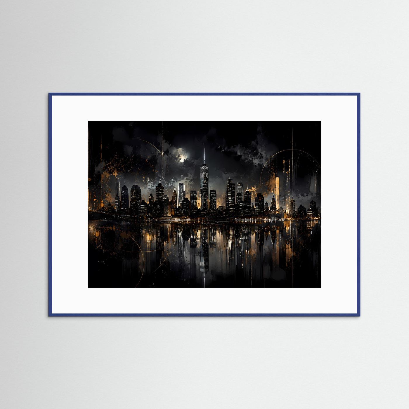 New York Skyline bei Nacht in Schwarz & Gold | Abstrakte City Wandkunst