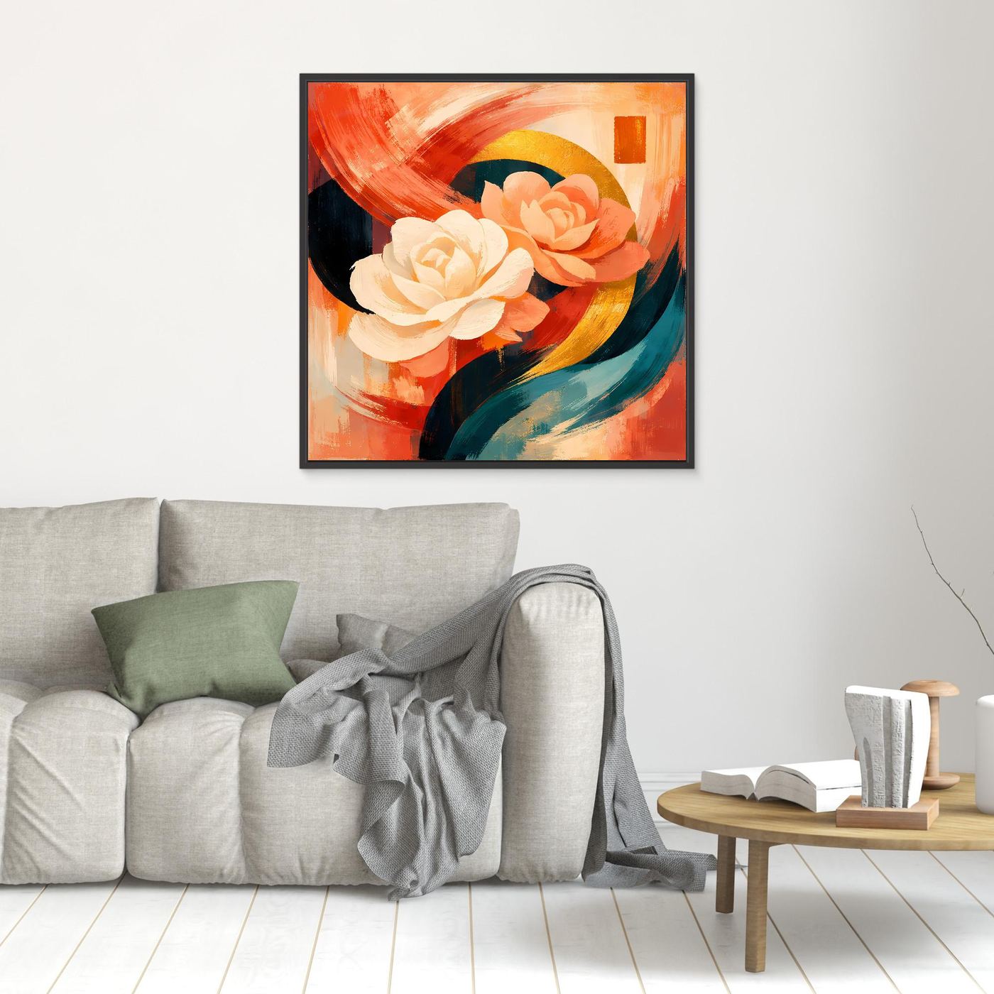 Leinwandbild mit abstrakten Rosen in Creme und Orange, kleinformatig, schwarz gerahmt