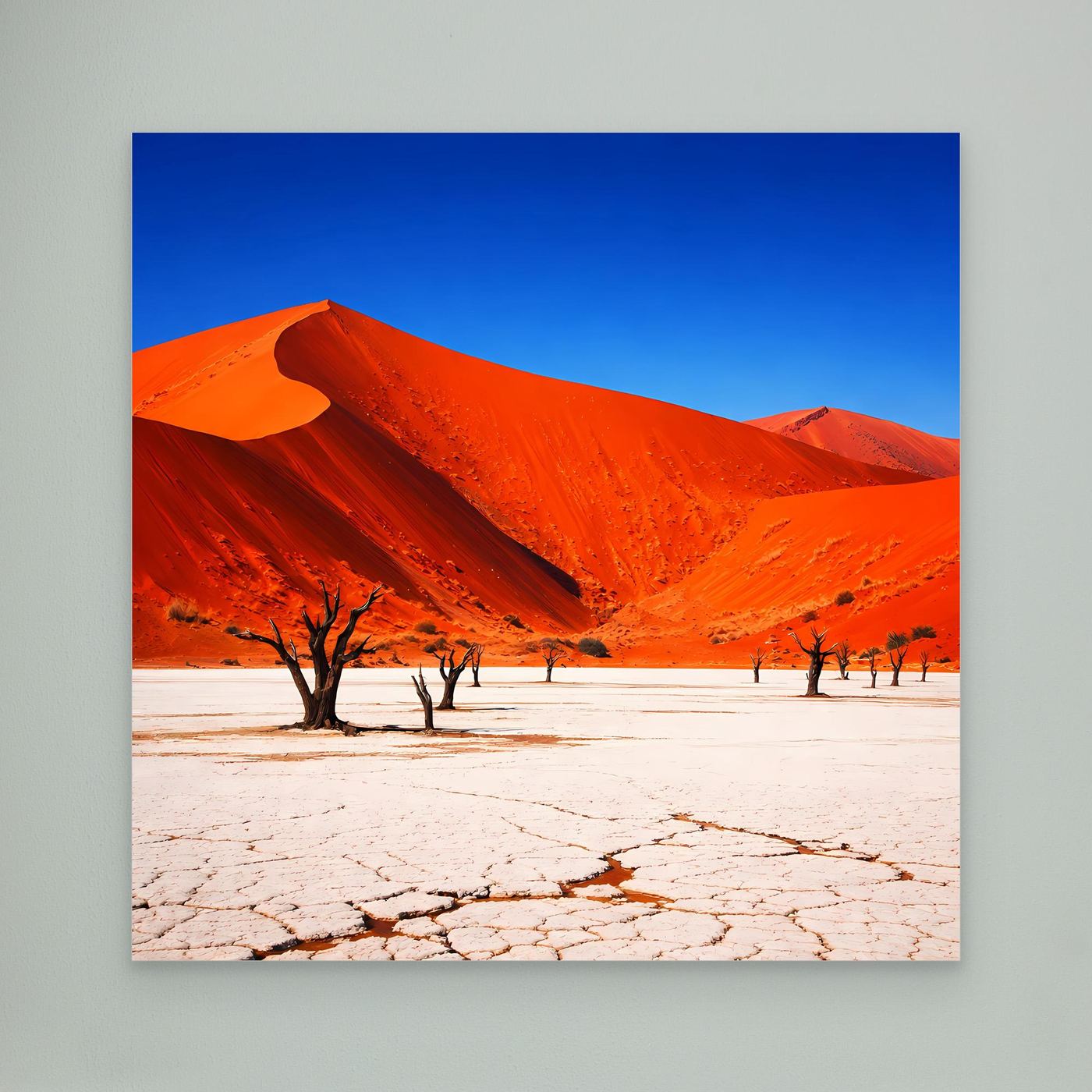 Leinwandbild: rote Dünen, blauer Himmel, karge Bäume auf rissigem Sand, weißer Rahmen