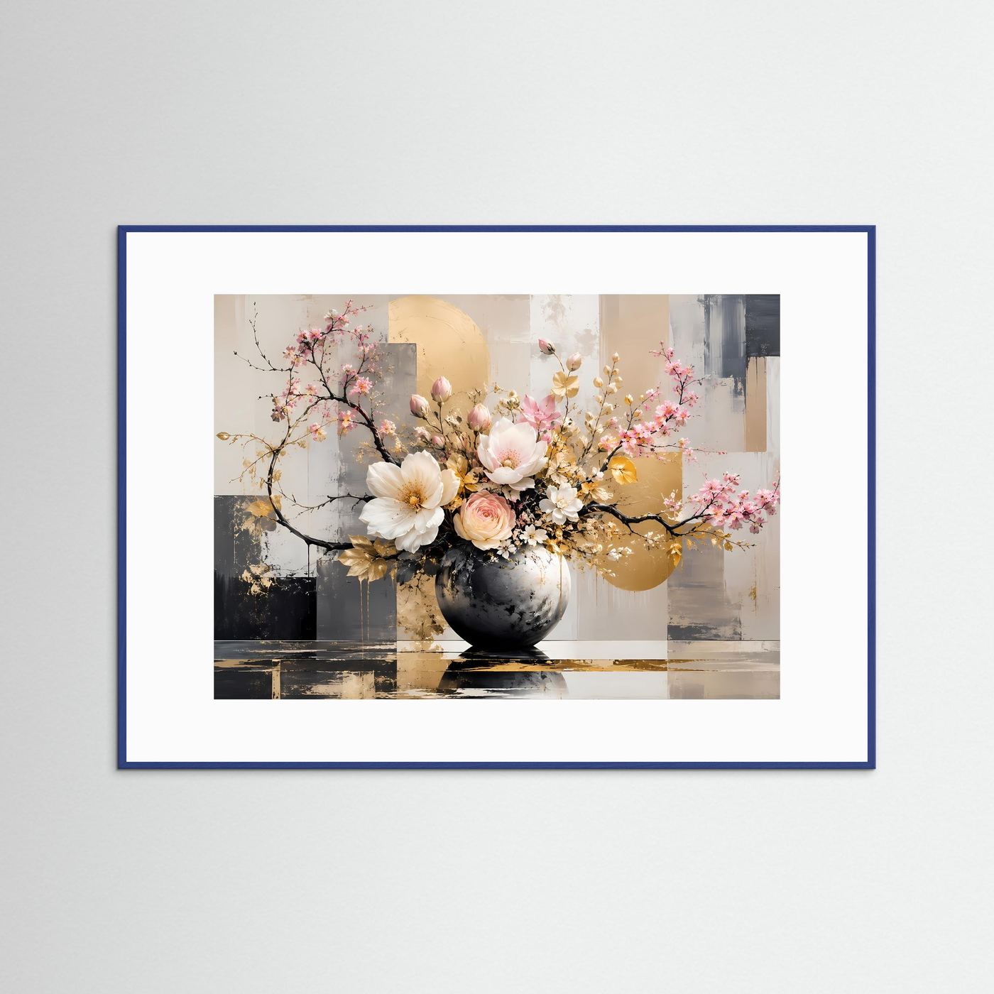 Elegantes Blumenarrangement in Gold & Weiß | Modernes Florales Wandbild Querformat