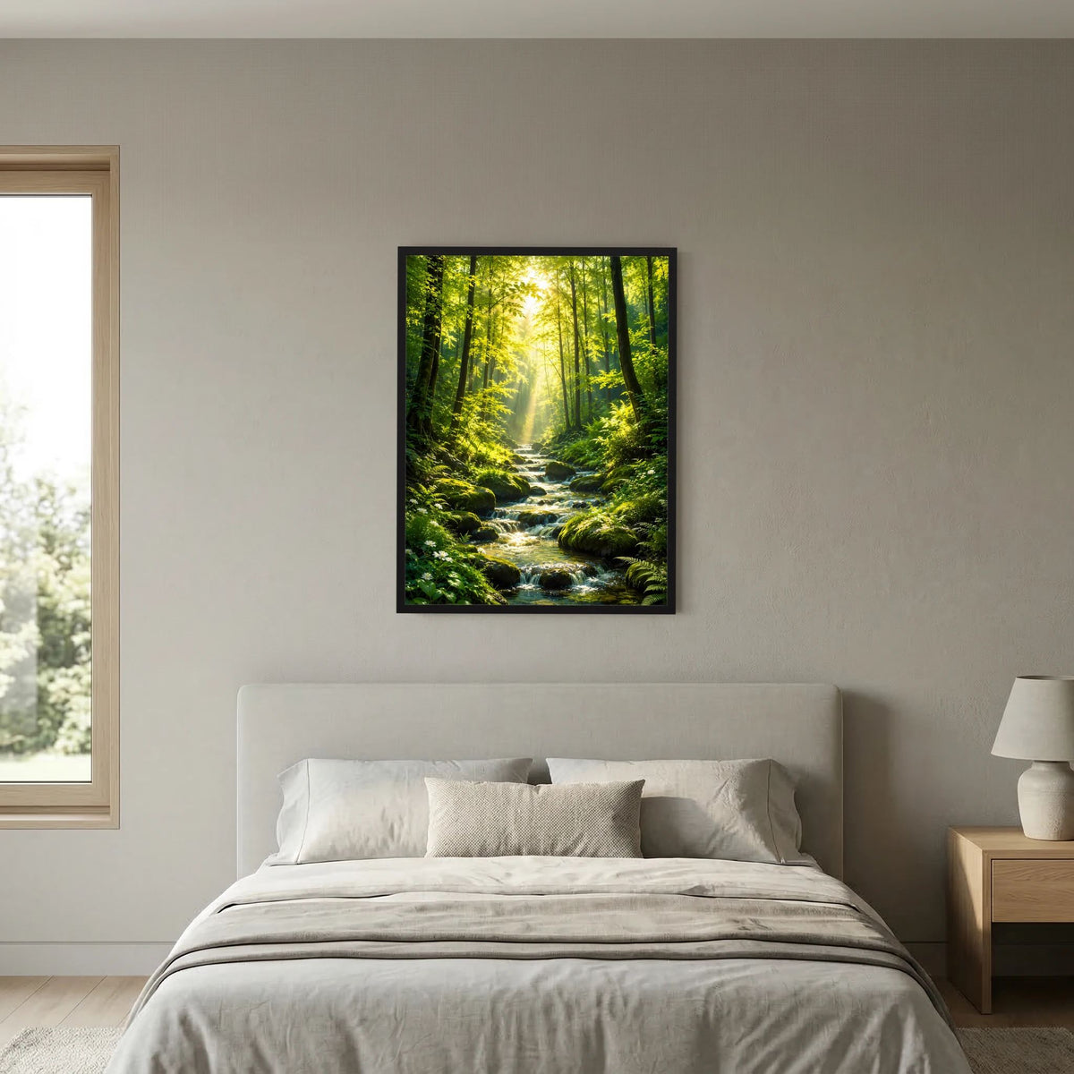 Poster mit Waldweg und Bachlauf im grünen Wald, schwarzer Rahmen