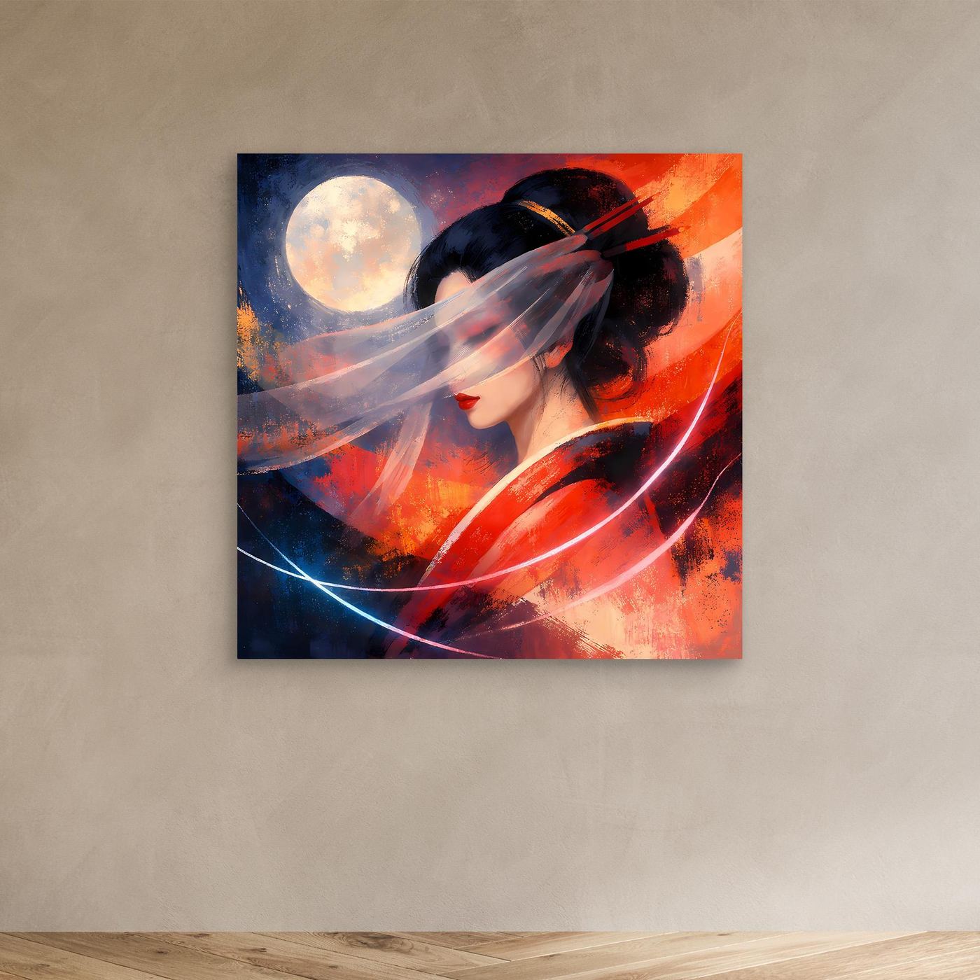 Leinwandbild mit Geisha-Porträt, rotem und blauem Abstrakt, dunkler Rahmen