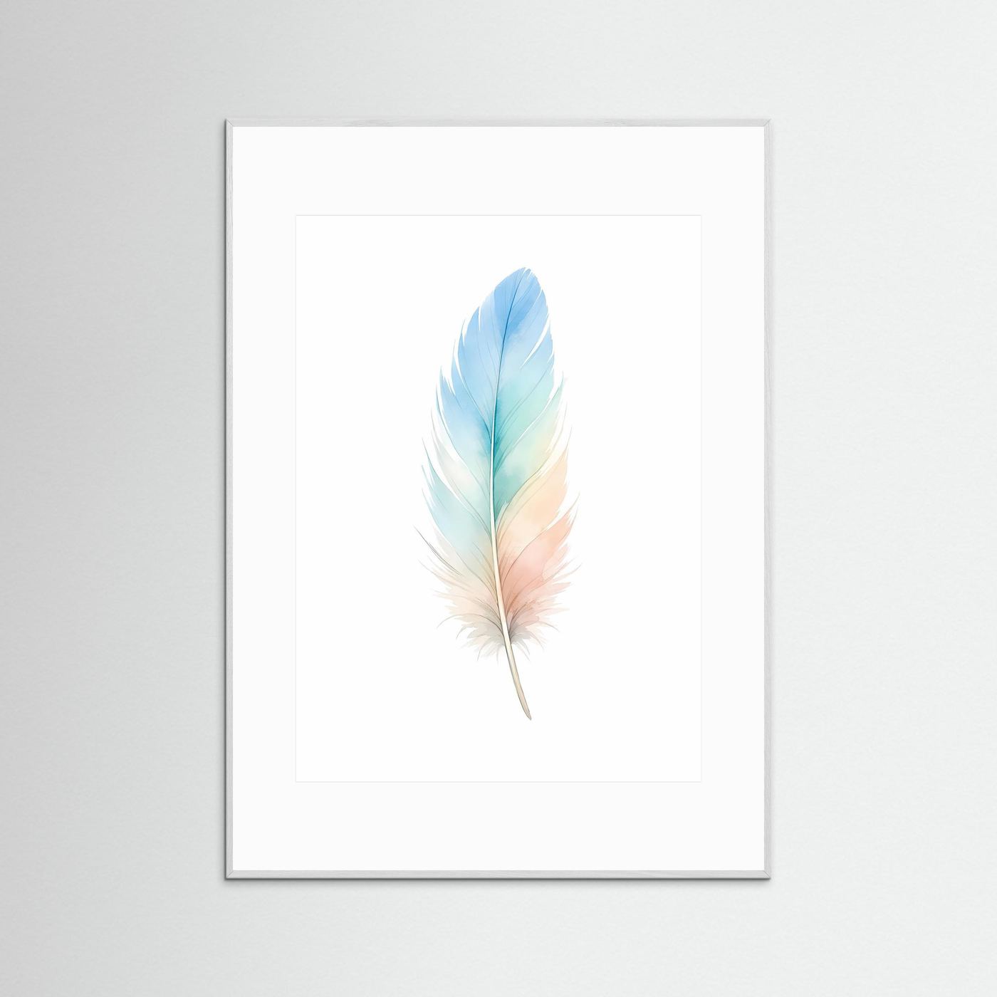 Wandposter mit Aquarellfeder im Pastell-Farbverlauf, weißer bzw. hellgrauer Rahmen, Hochformat