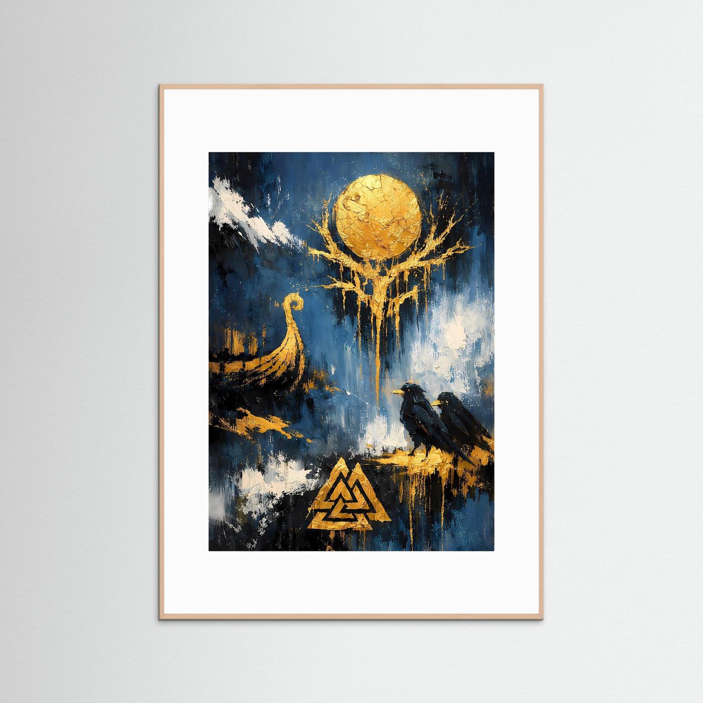 Hochformatiges Kunstposter mit hellem Rahmen und weißem Rand, abstrakt blau/gold