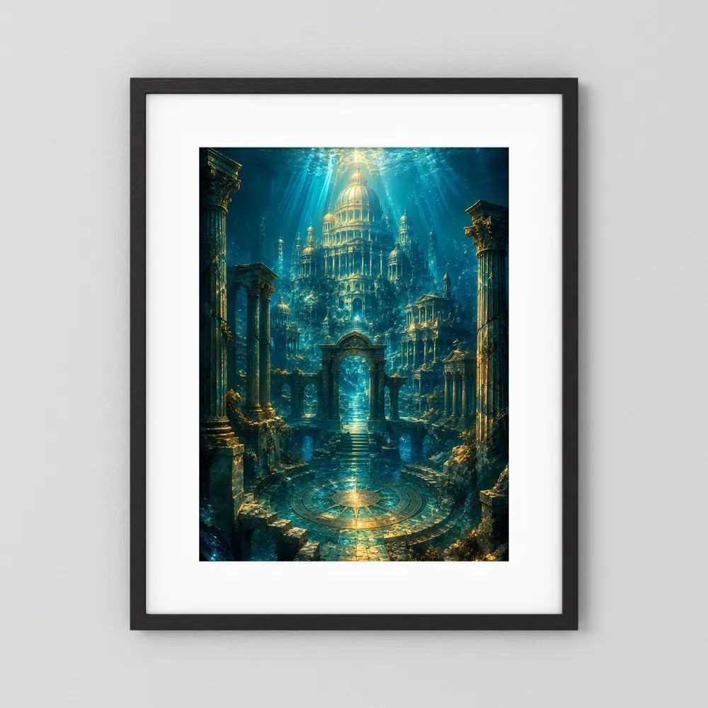 Unterwasser-Tempelposter im schwarzen Rahmen mit weißem Passepartout und goldener Kuppel