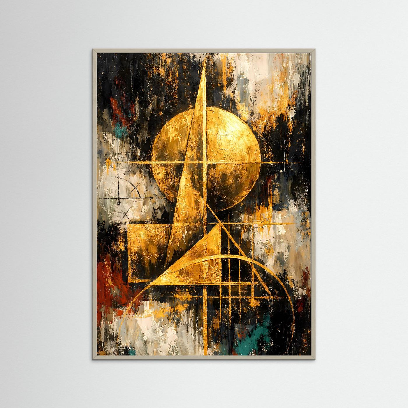 Abstraktes Bauhaus-Poster im grauen Holzrahmen, goldene Kreise und Linien auf Schwarz-Weiß