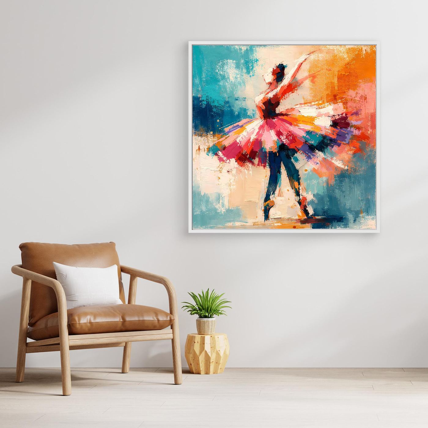 Abstract ballerina canvas wall art with light frame, multicolor tutu and blue orange tones