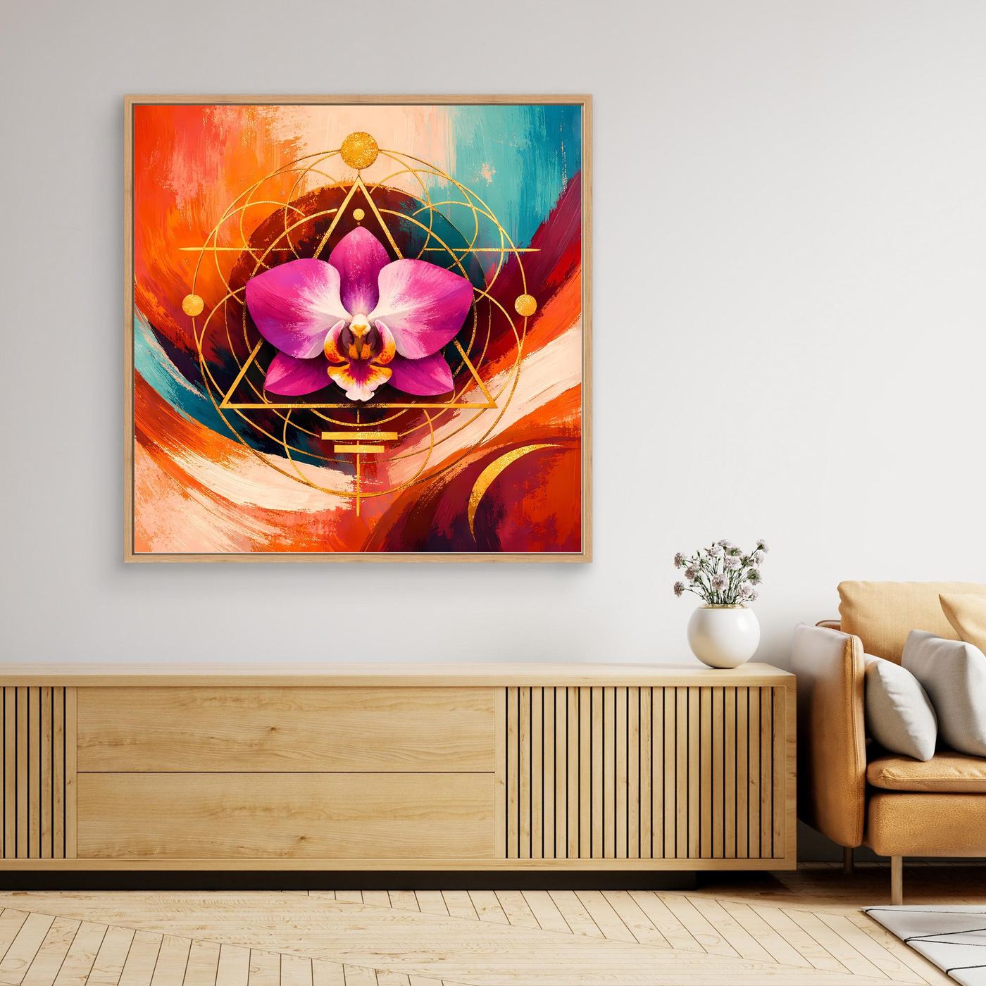 Quadratisches Leinwandbild mit lila Orchidee im geometrischen Kreis aus Linien und Punkten