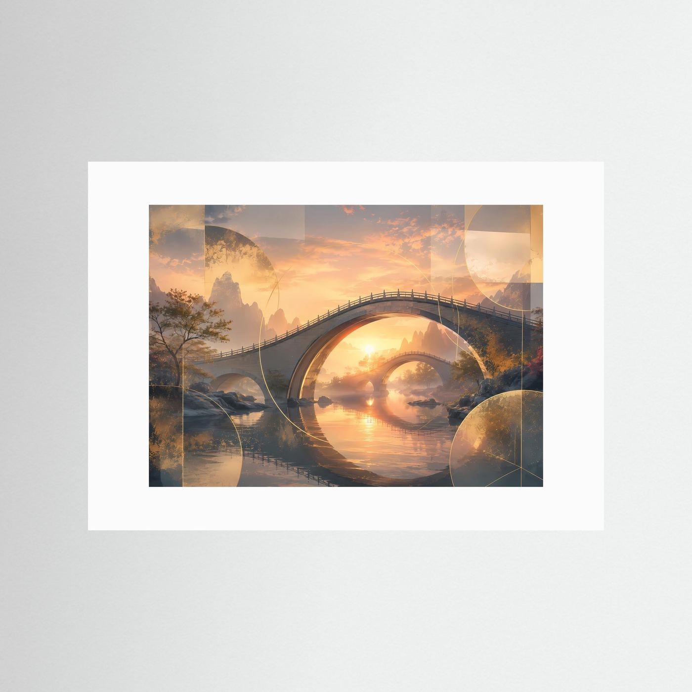 Querformat-Poster mit Bogenbrücke über ruhigem Wasser im goldenen Sonnenuntergang, mit weißem Rand