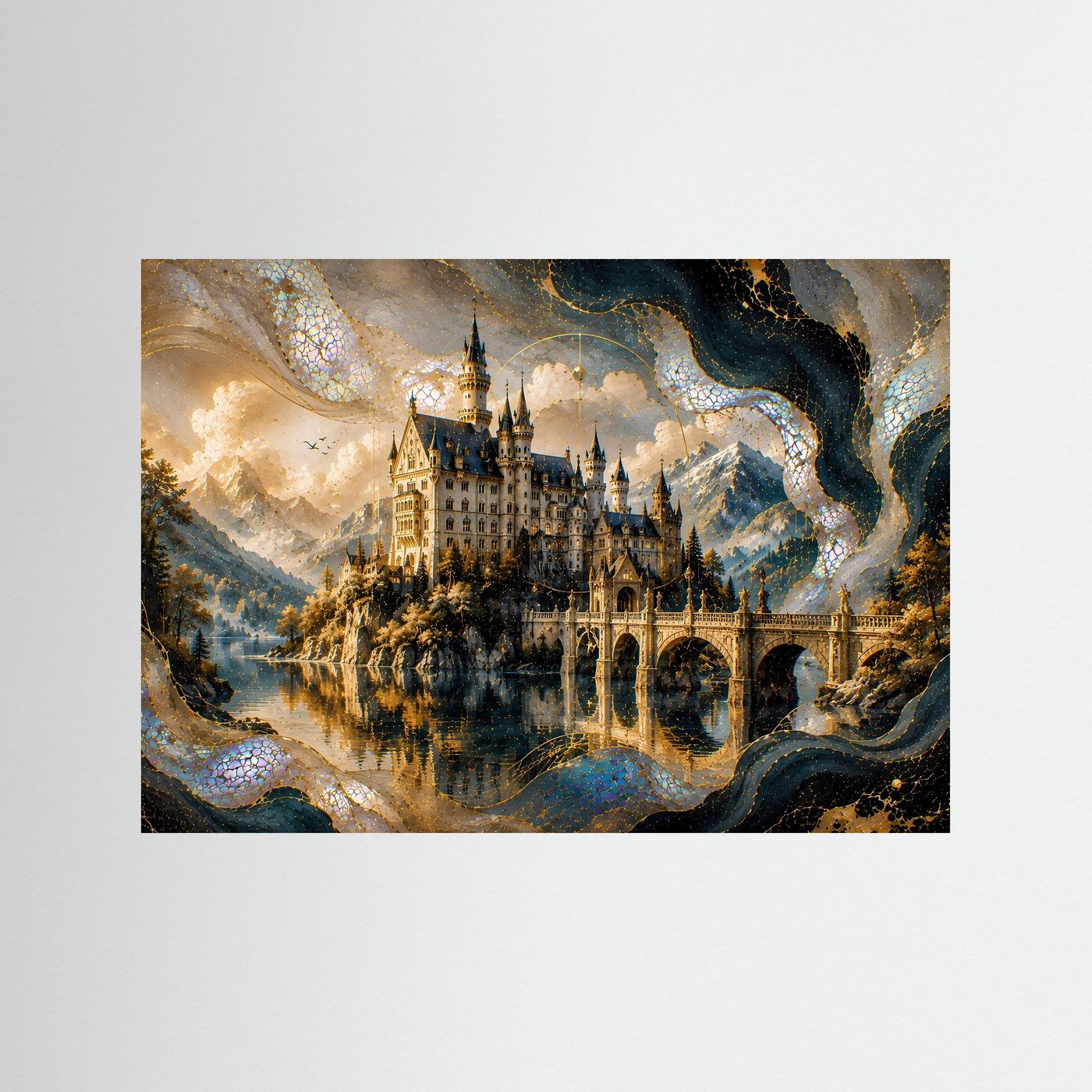 Poster im Querformat mit Märchenschloss am See in Gold- und Perlmutttönen.