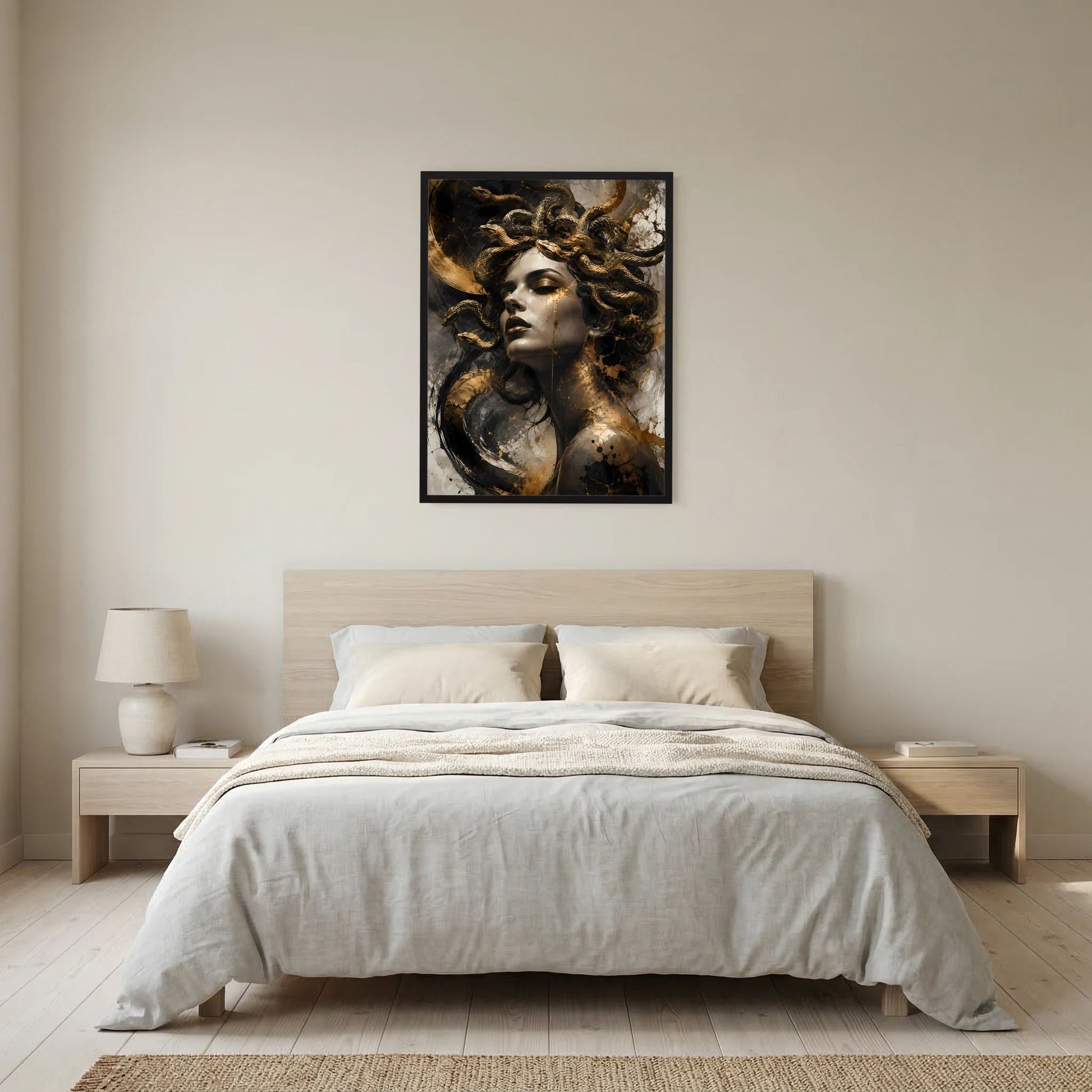Gerahmtes Poster im Hochformat: Medusa-Frau mit goldenen Schlangen, schwarzer Rahmen.
