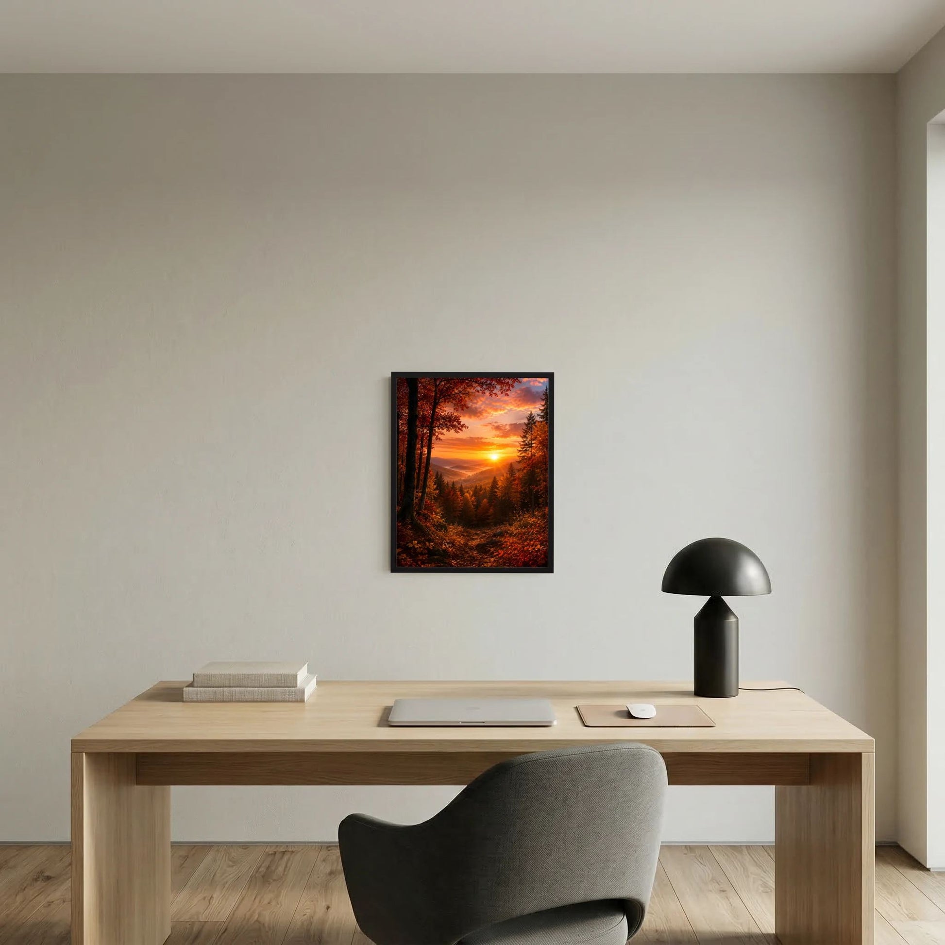 Hochformatiges Kunstposter mit Waldlandschaft im Sonnenuntergang, orangefarben, schwarzer Rahmen