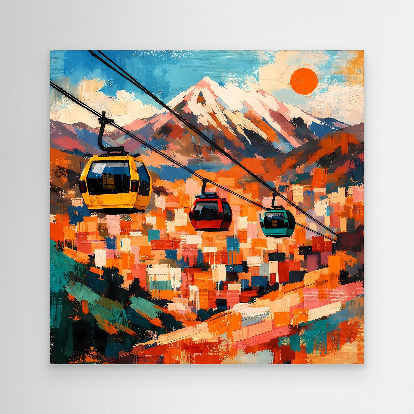 Abstraktes Leinwand-Wandbild mit Seilbahn-Gondeln, Bergsilhouette und Sonne in Orange/Blau