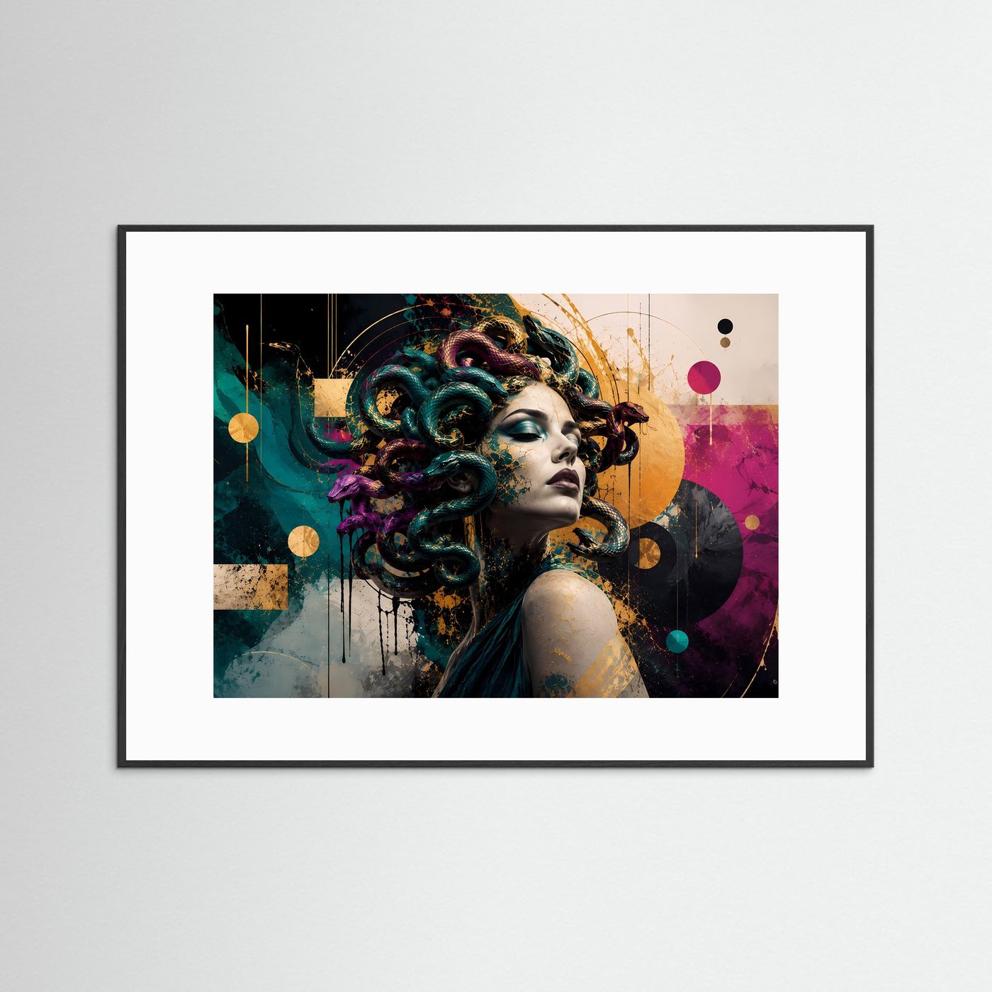 Medusa Poster Bunt Modern | Abstrakte Mythologie Wandkunst | Geometrische Fantasy Kunst | Farbenfrohe Gorgone | Premium Leinwand