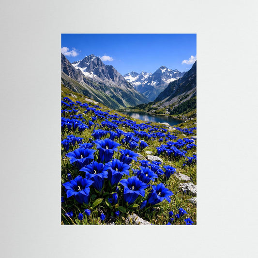 Hochformatiges Bergsee-Poster mit blauen Enzianblüten und Alpenpanorama
