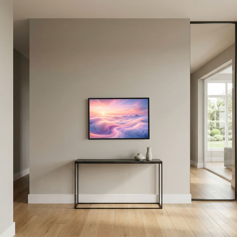 Gerahemtes Querformat-Poster mit schwarzem Rahmen und Rosa-Blau-Violett Sonnenaufgang über Wolken