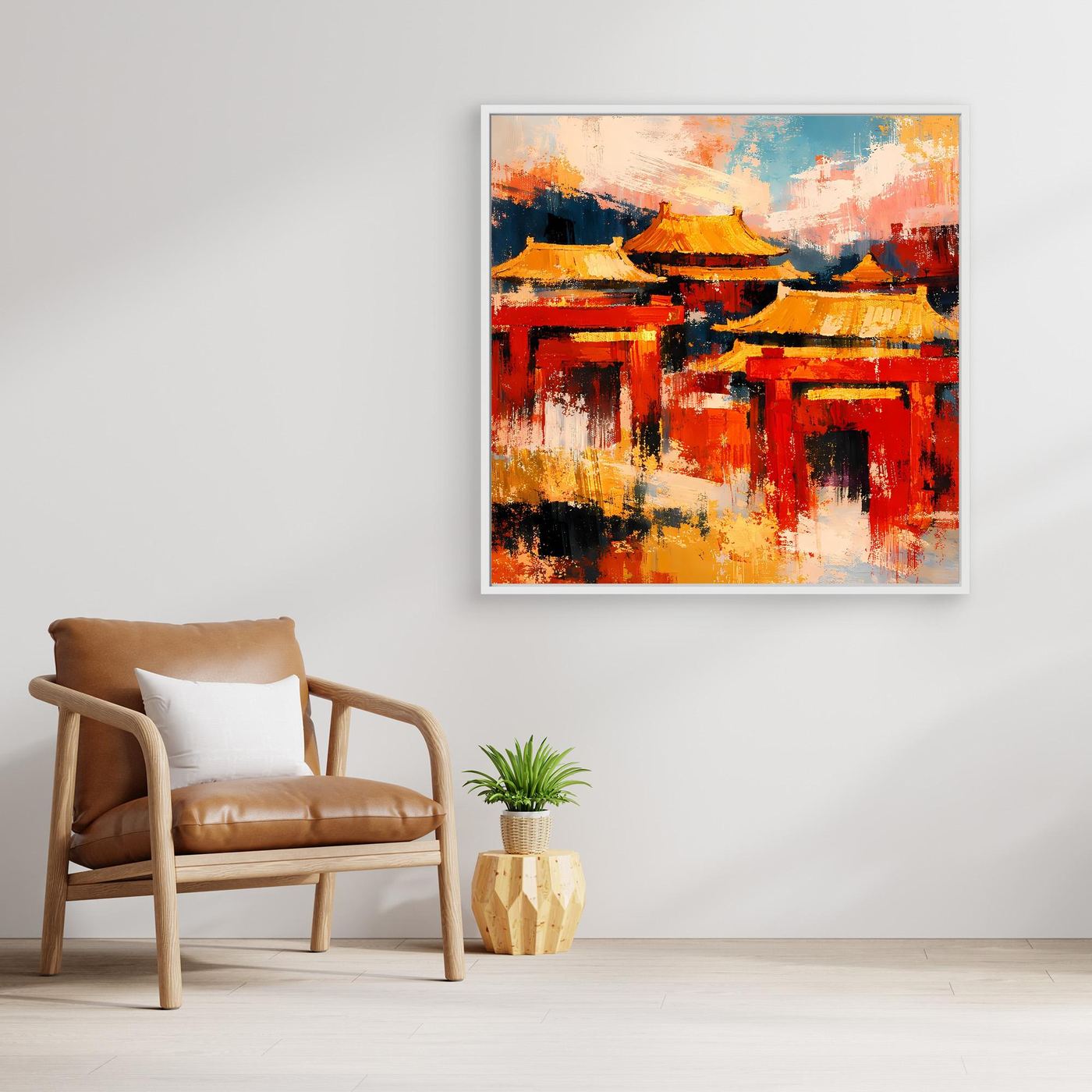Gerahmtes Leinwandbild mit hellen Rand: rote Tempeltore, goldene Pagodendächer, Blau