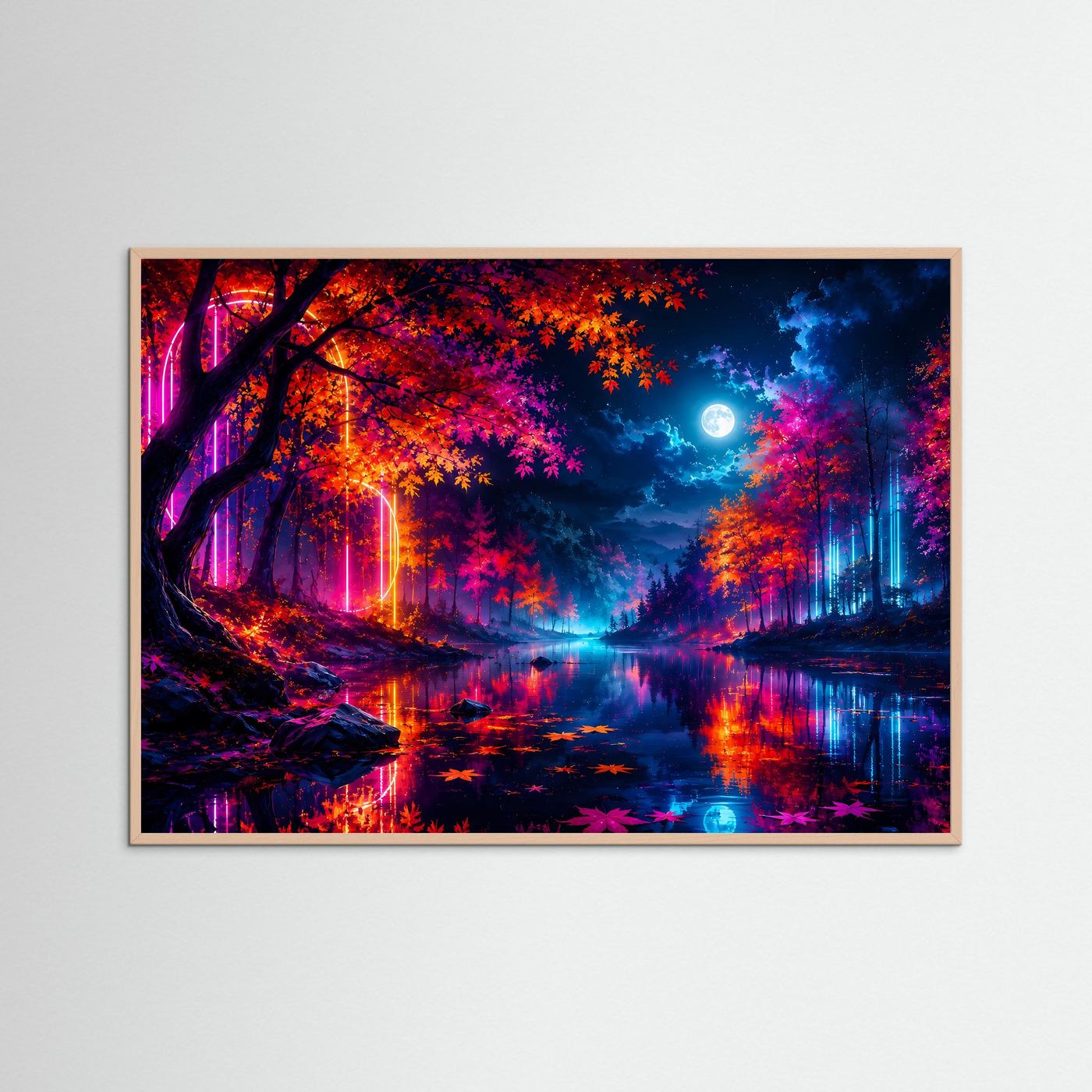 Neon Wald Poster | Futuristische Herbst Landschaft | Cyberpunk Natur Wandbild | Leuchtender Mond | Moderne Fantasy Kunst